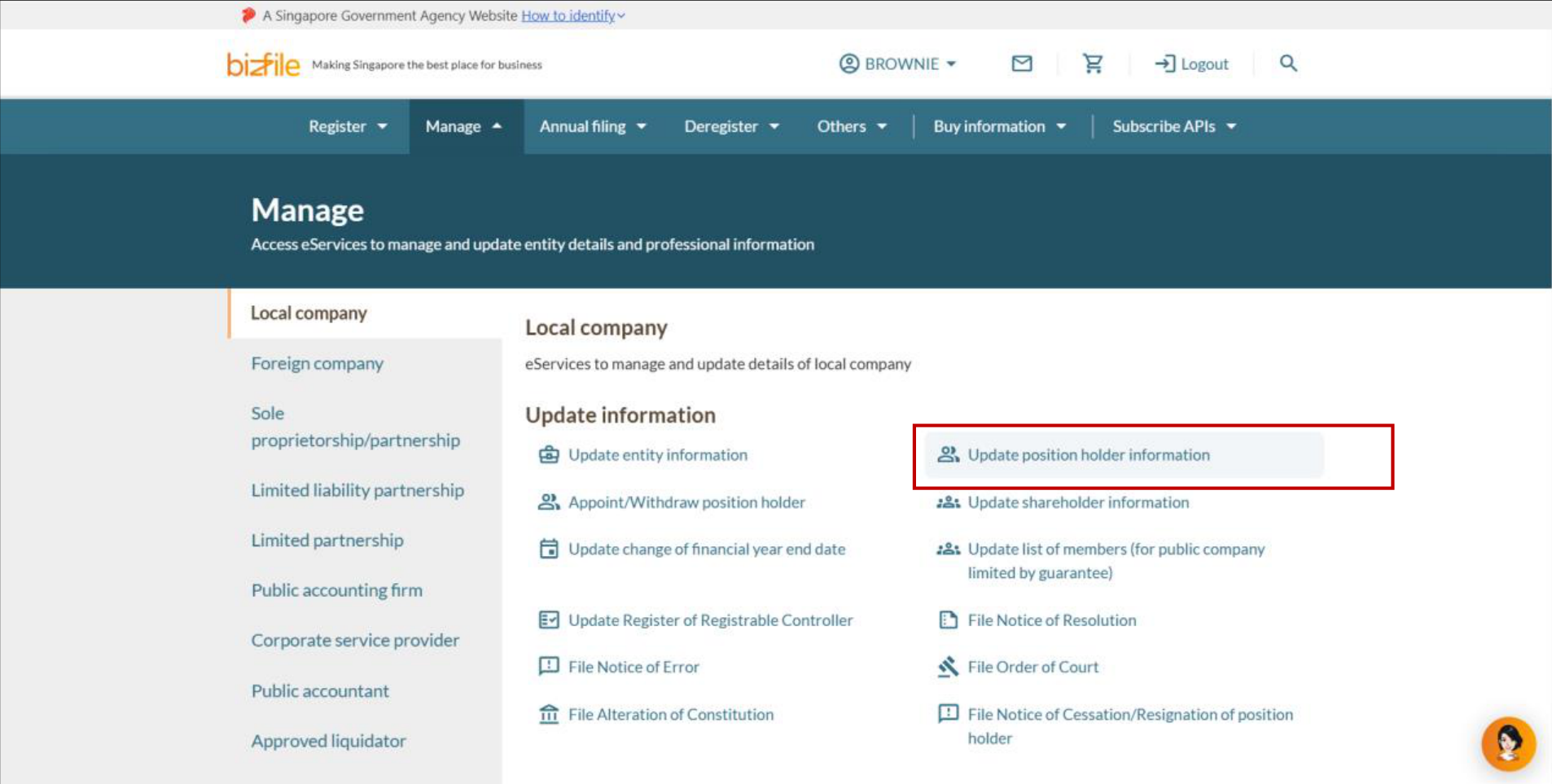 Bizfile mega menu with Manage expanded and Update position holder information highlighted