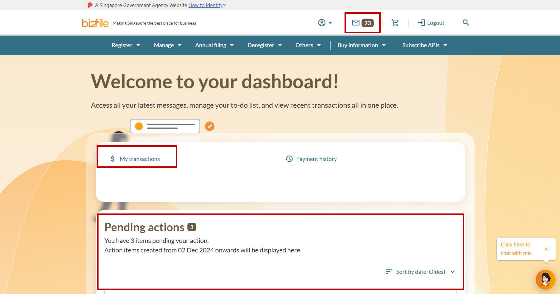Bizfile individual user dashboard showing pending actions and transaction links