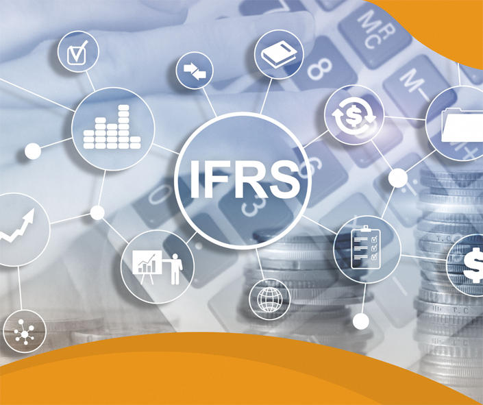 Illustration showing IFRS concepts linked to finance and reporting icons.