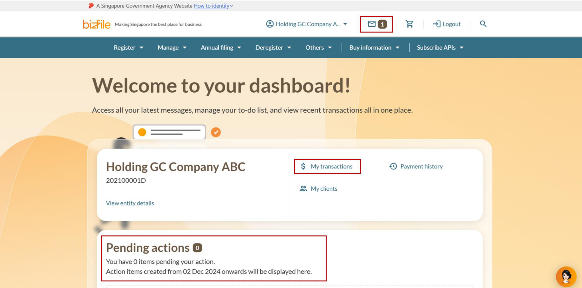 Bizfile dashboard showing the selected entity in the top menu bar