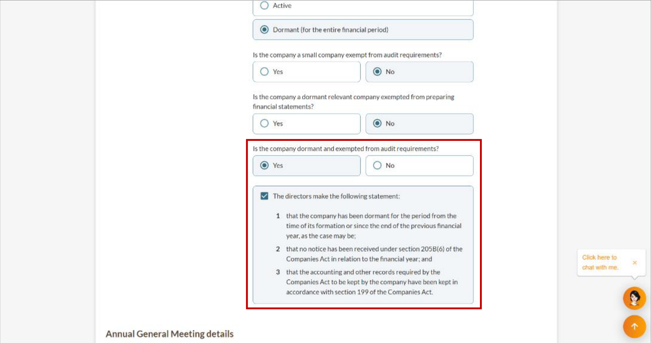 Declaration checkboxes for dormant company exempted from audit requirements