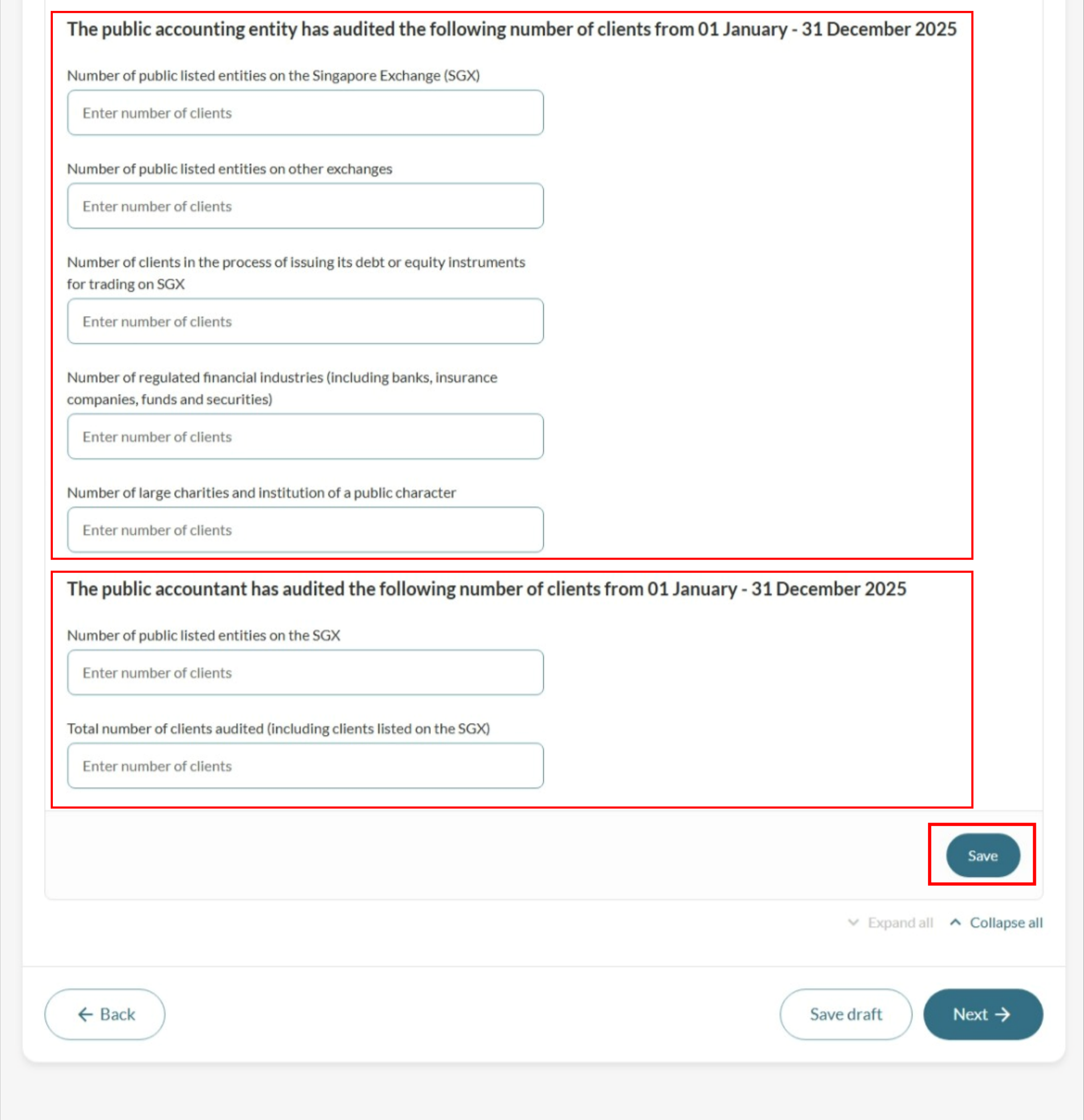 Client numbers form with categories of clients and Save button