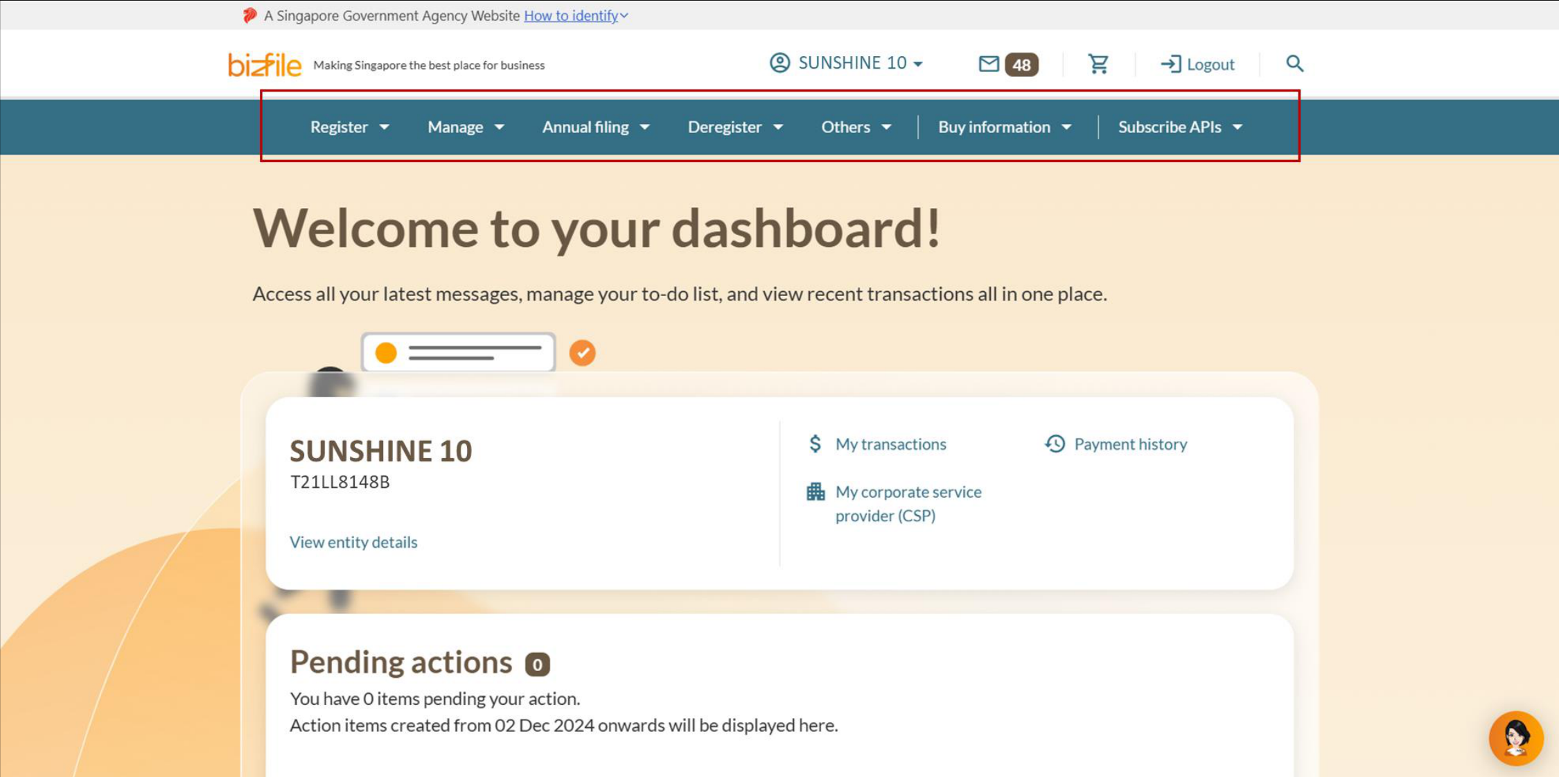 Bizfile mega menu navigation bar with dropdown options including Register, Manage, Annual filing, and Deregister