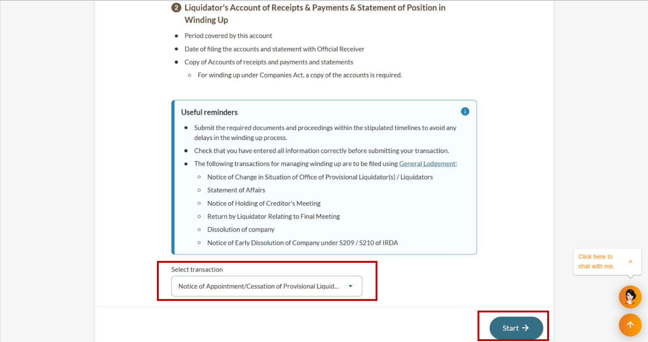 Manage Winding Up introduction page showing the Notice of Appointment/Cessation option highlighted and the Start button