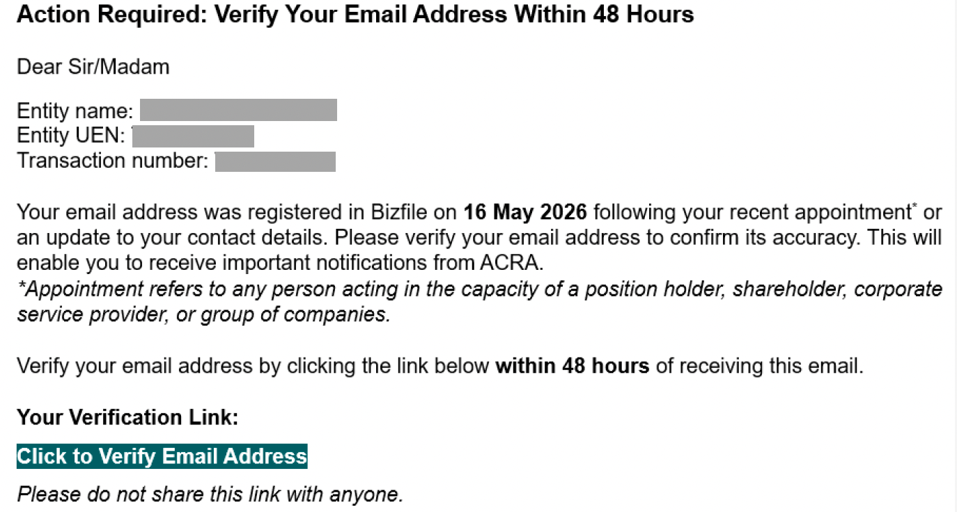 Verification email from ACRA with link to confirm email address