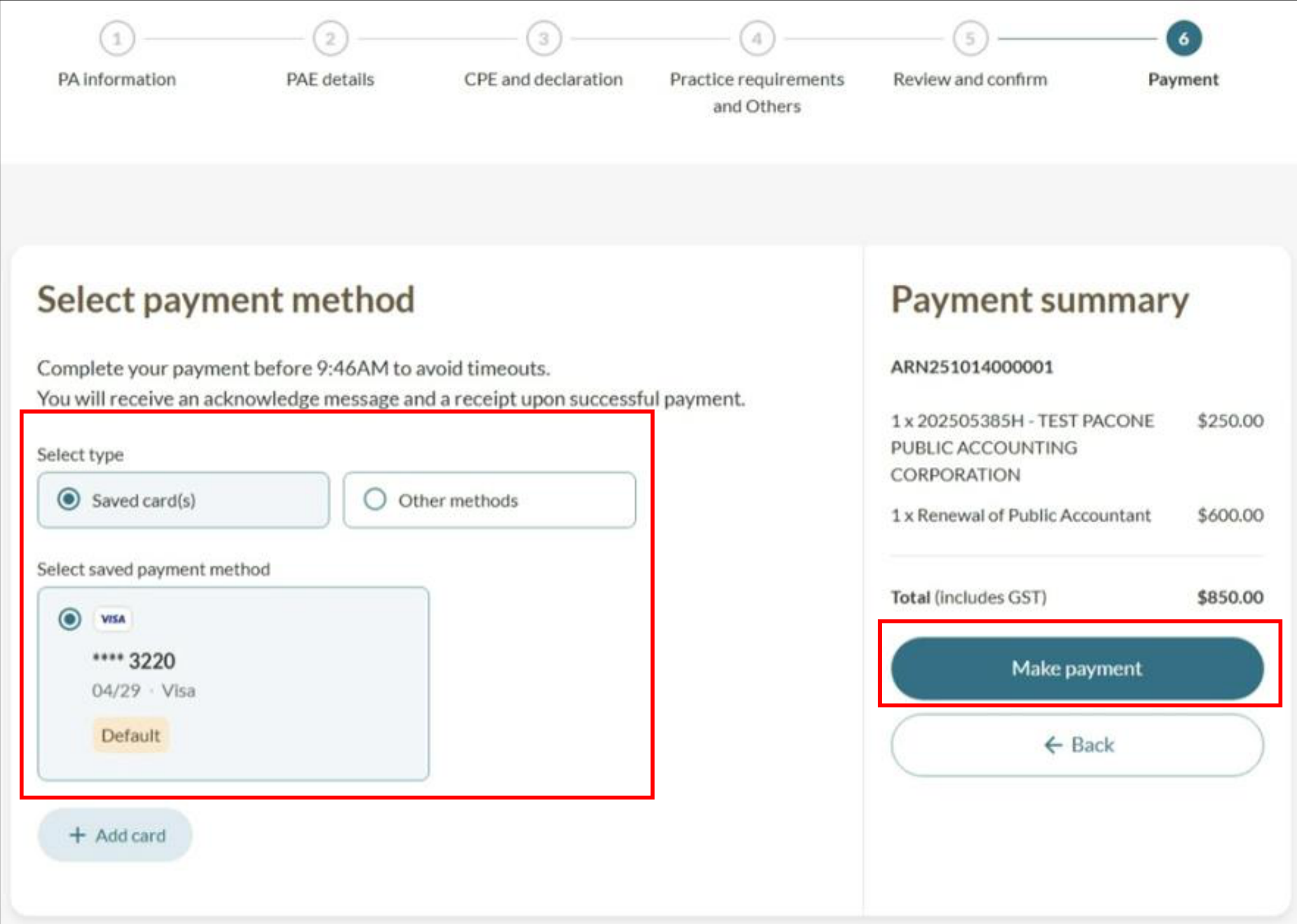 Payment summary page showing renewal fee, payment method options, and Make payment button