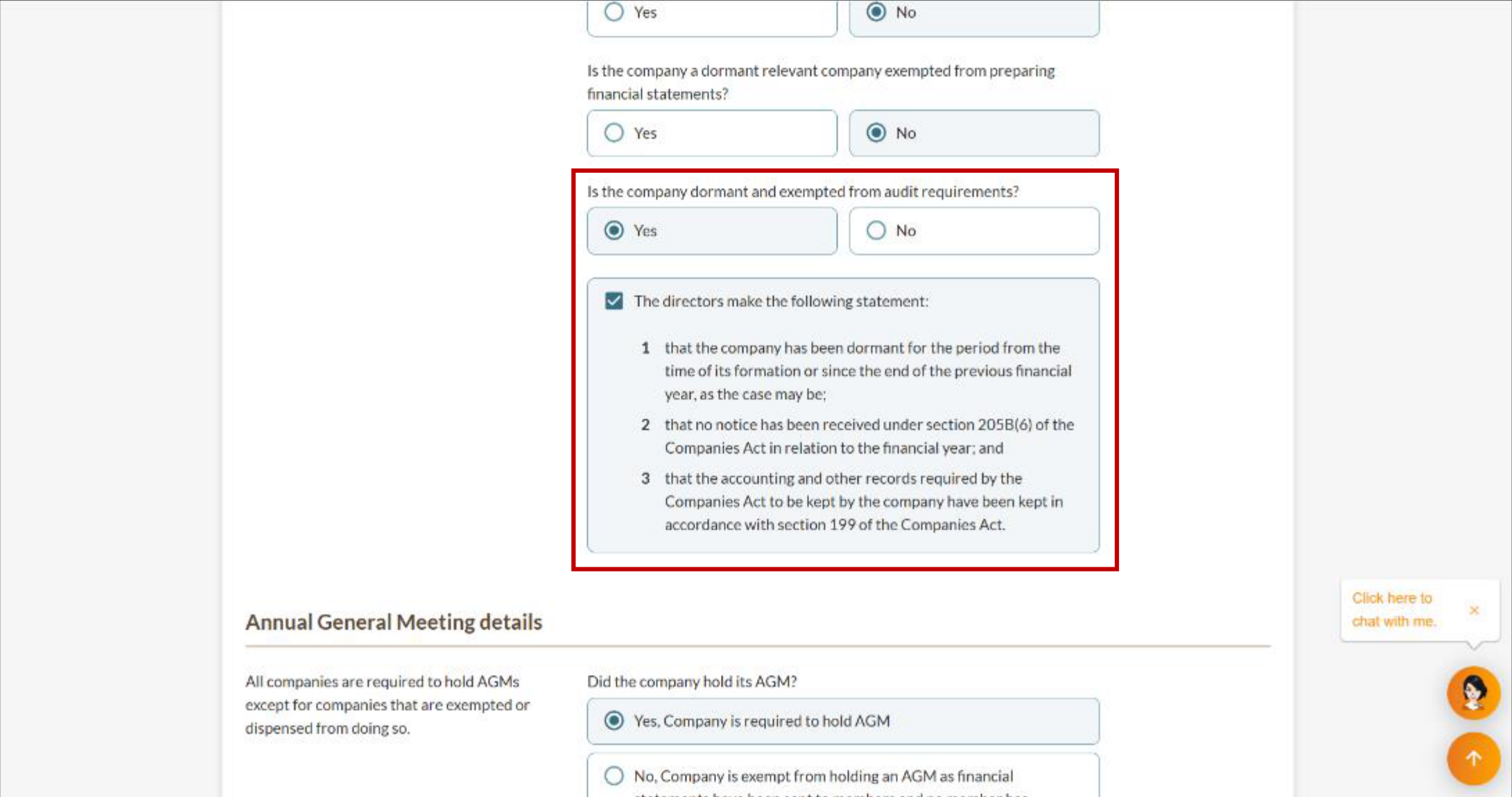 Audit exemption declaration checkbox for dormant company exempt from audit requirements