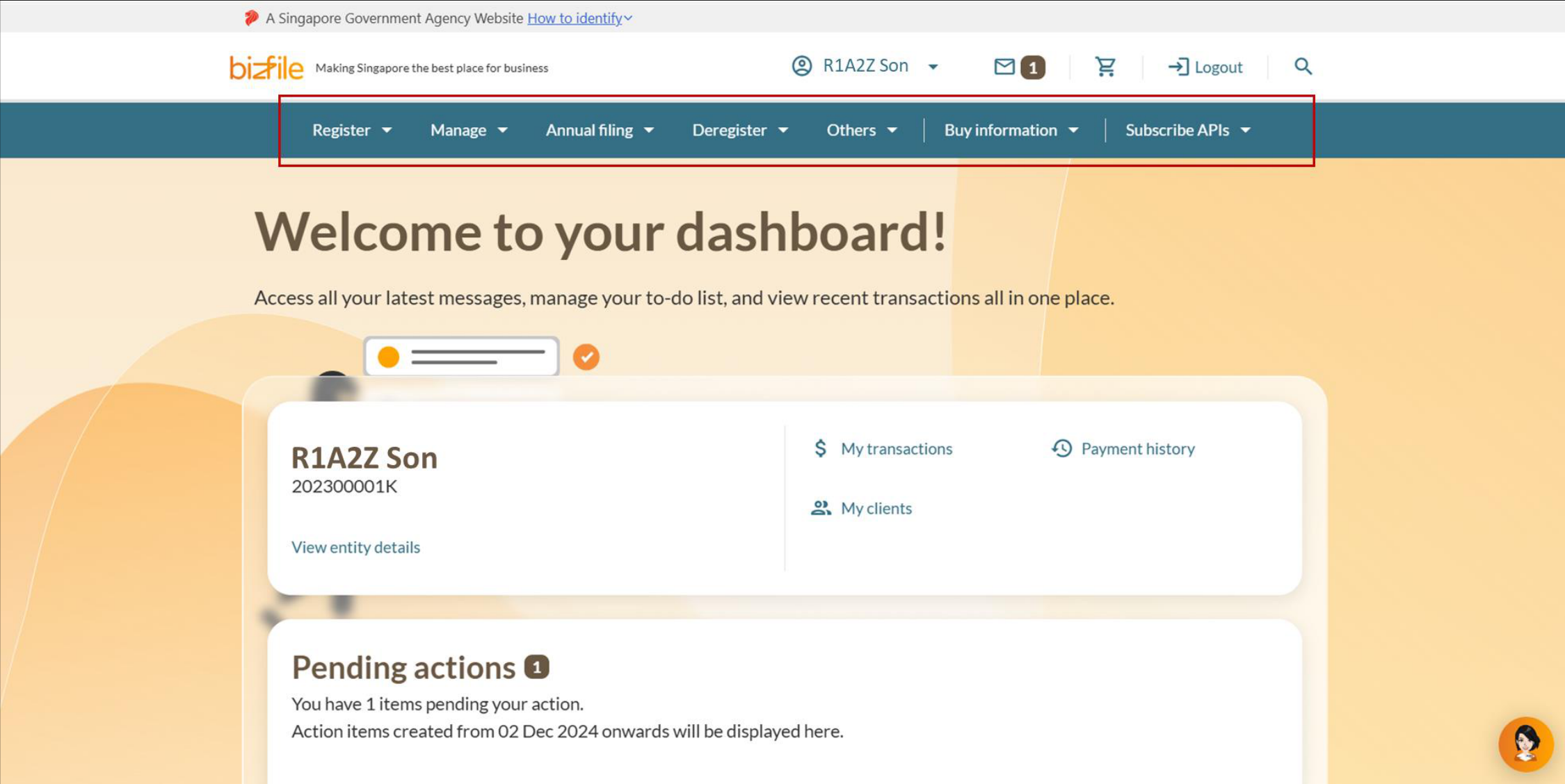 Bizfile mega menu navigation bar with dropdown options