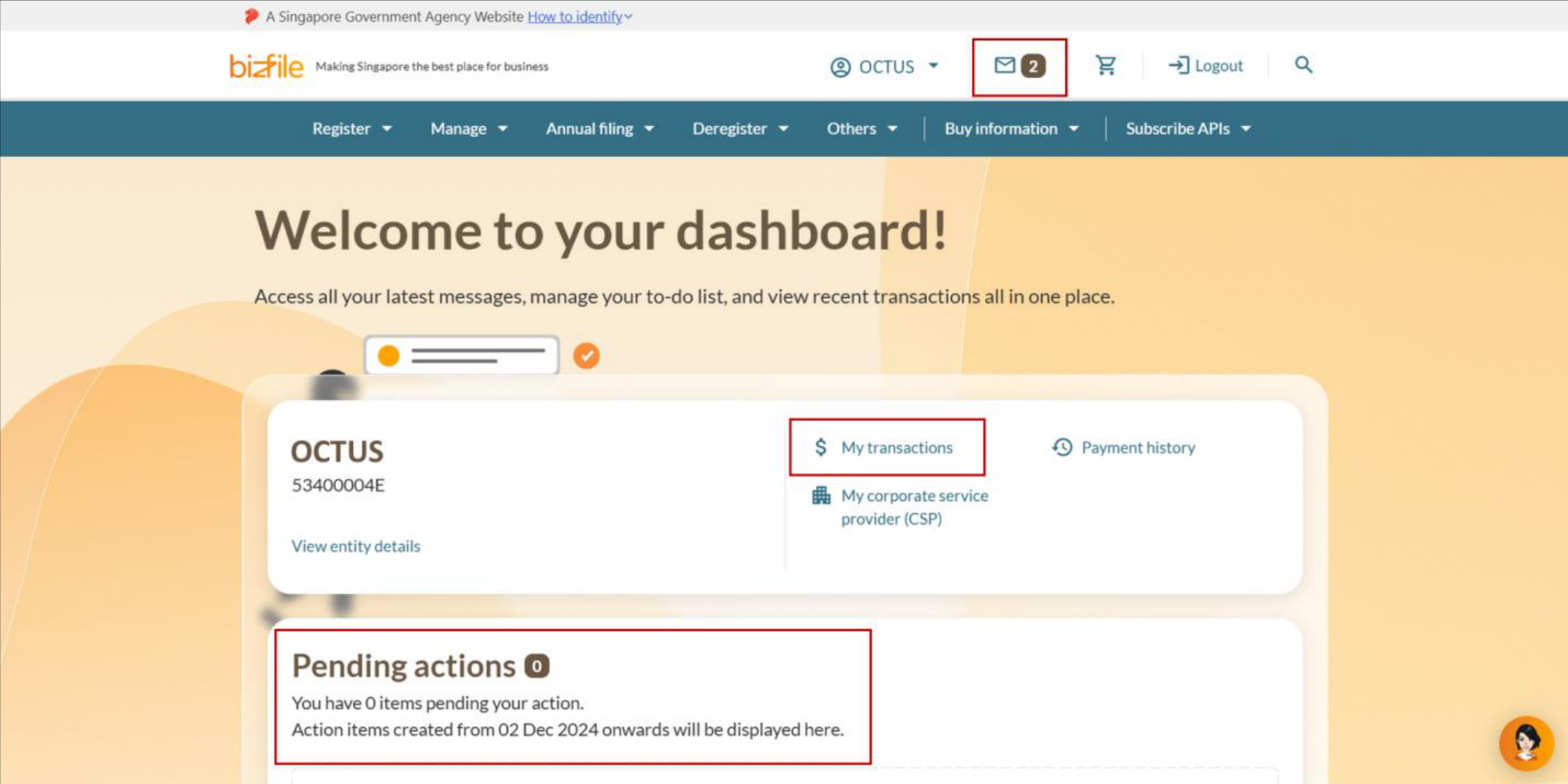 Bizfile dashboard showing the selected entity in the top menu bar