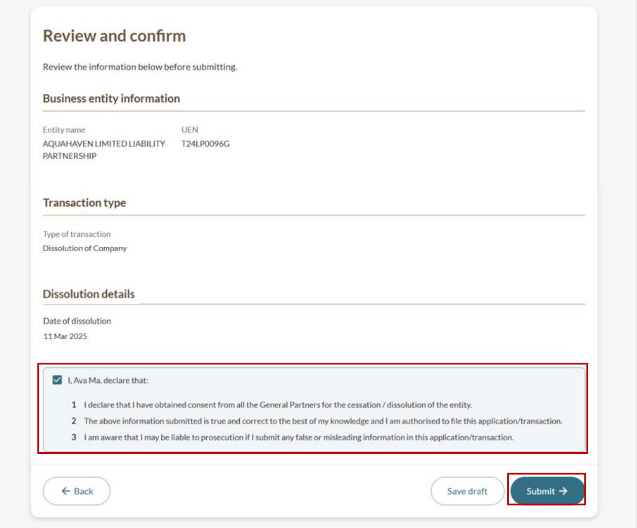 Review and confirm page showing dissolution details and declaration checkbox with Submit button
