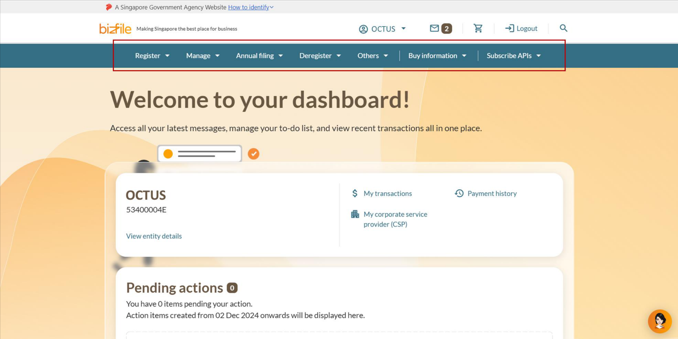 Bizfile mega menu navigation bar with dropdown options