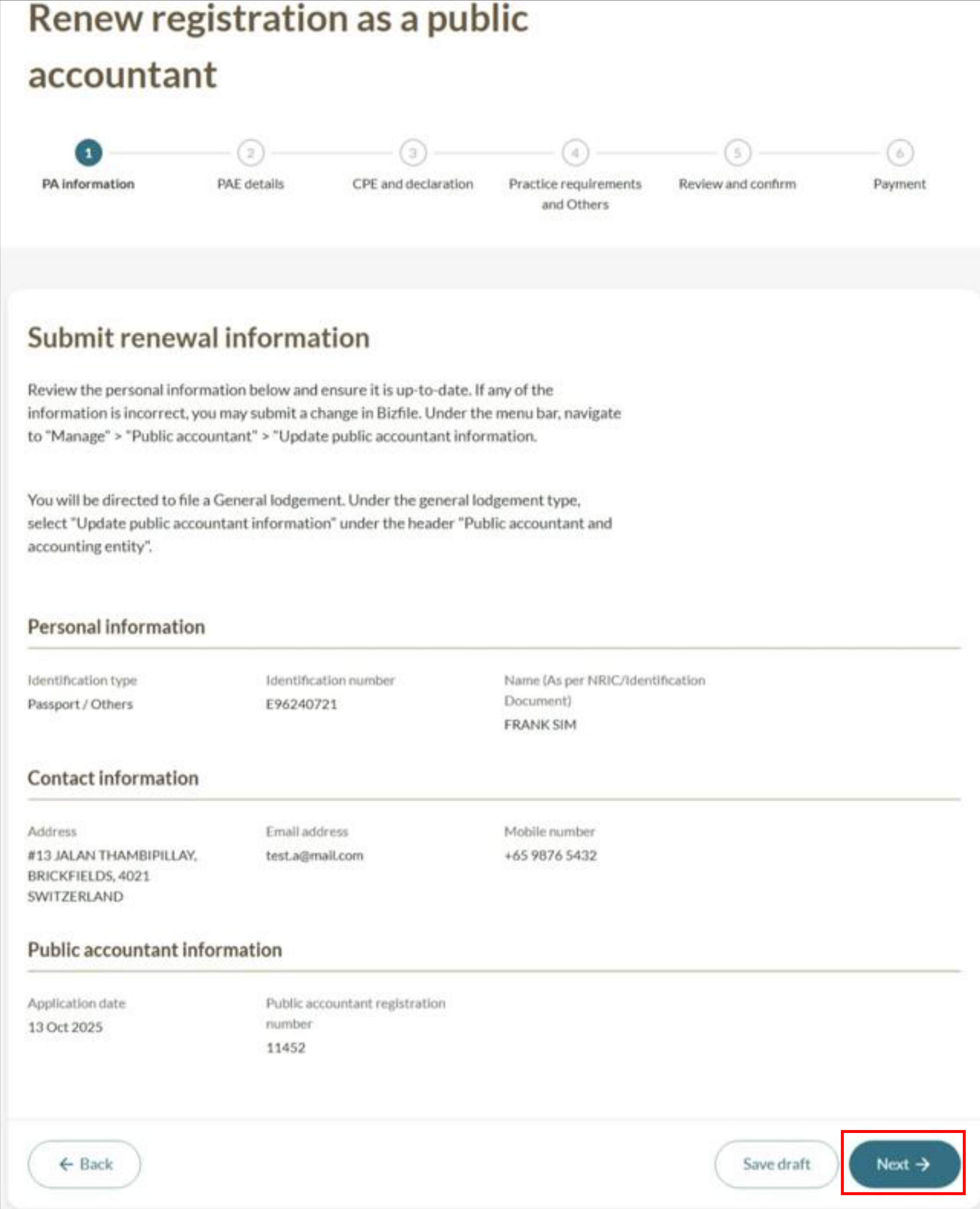 Public accountant information page showing PA details with Next button