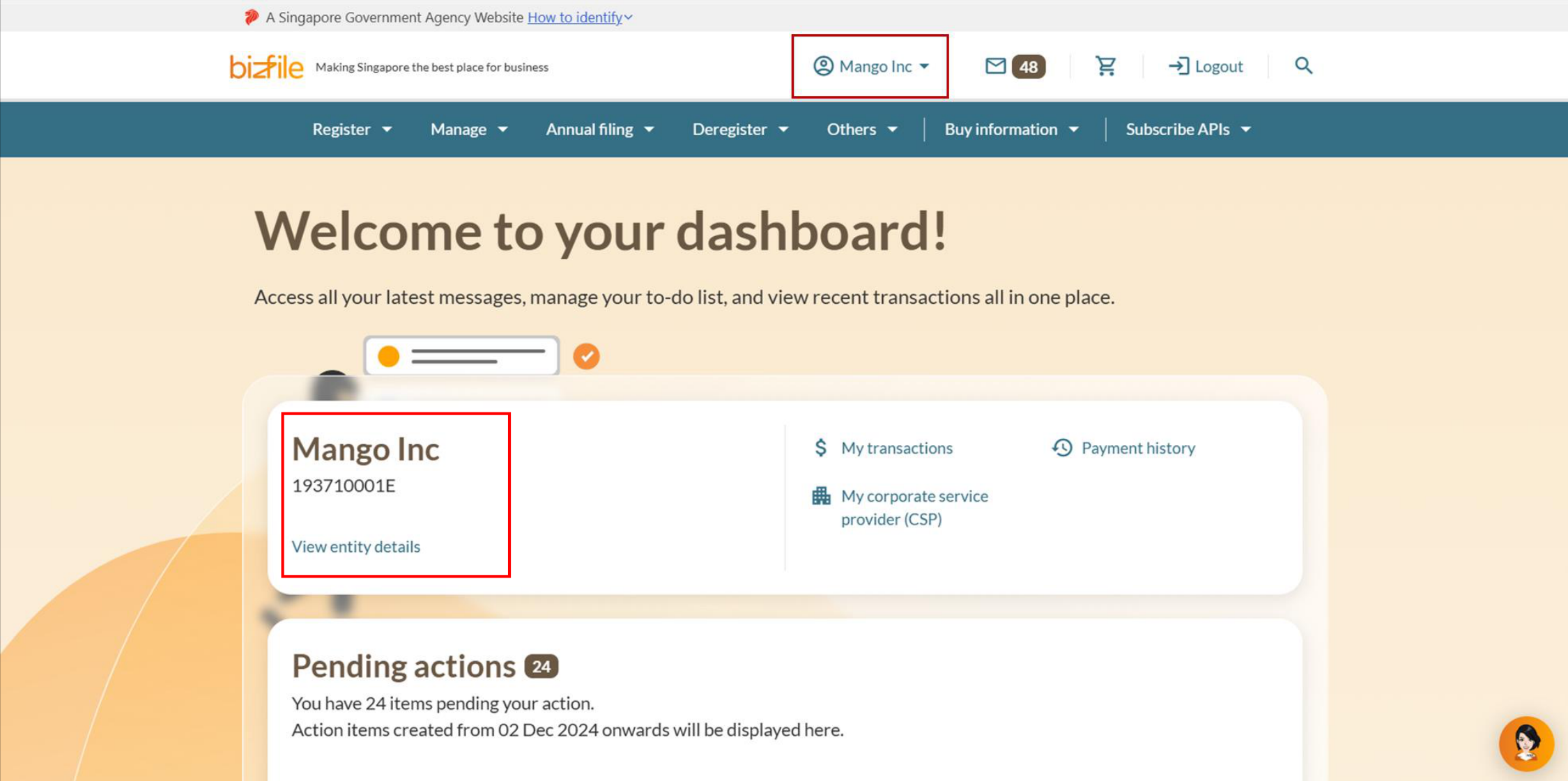 Bizfile dashboard showing entity name in top menu bar and welcome section with UEN