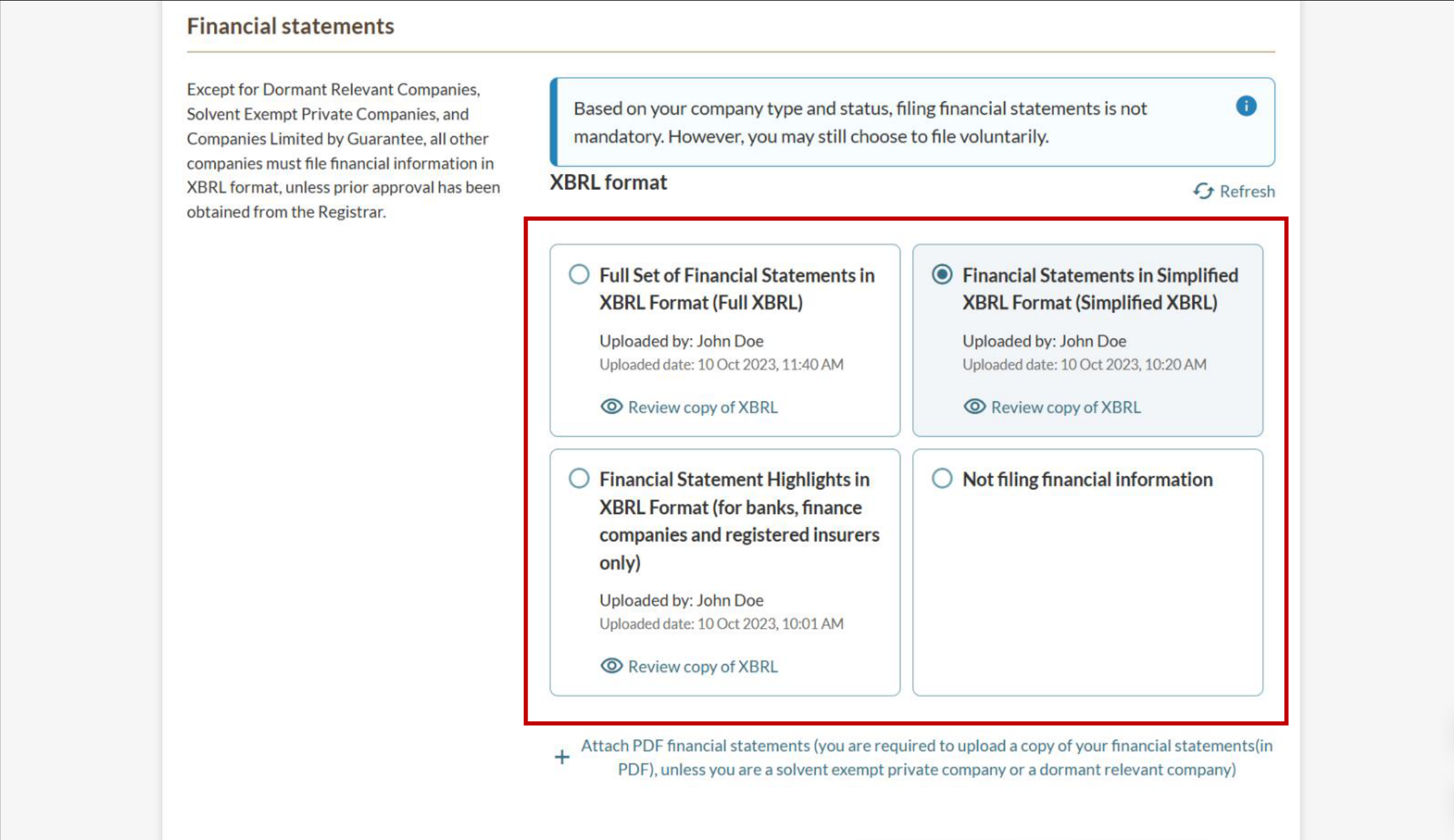 XBRL document selection section showing available XBRL files to select