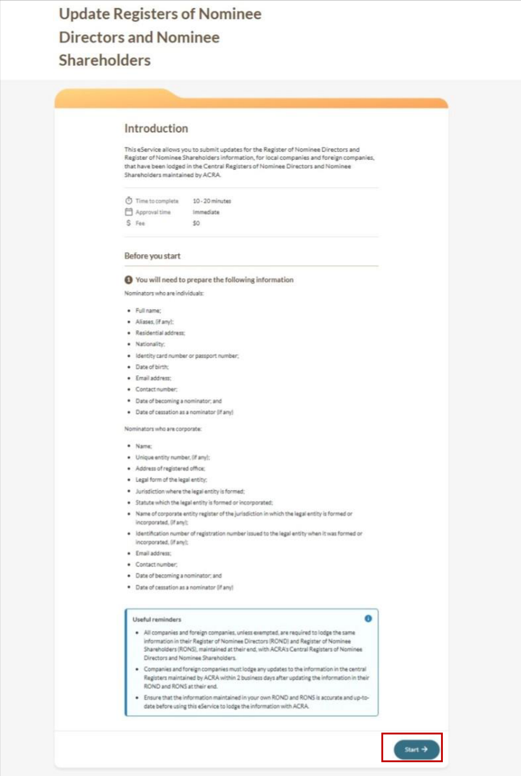 Update Registers of Nominee Directors and Nominee Shareholders introduction page with the Start button"