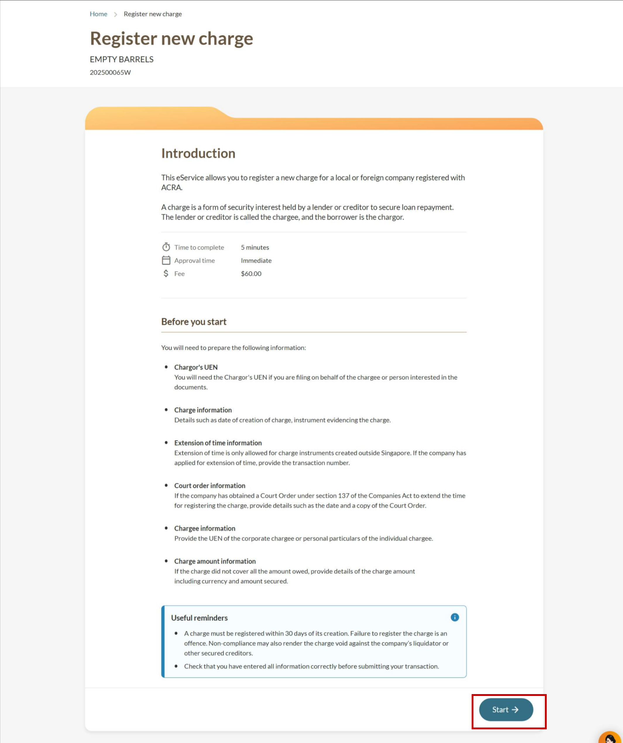Register new charge introduction page with the Start button