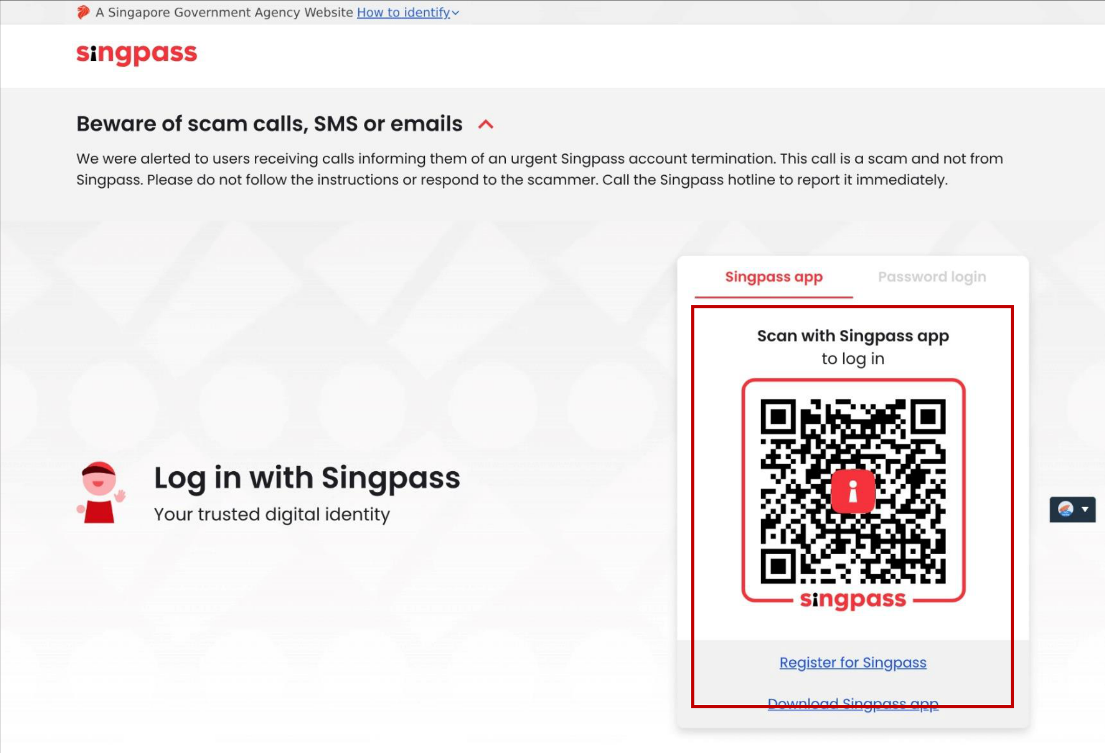 Singpass login page with QR code and password login options