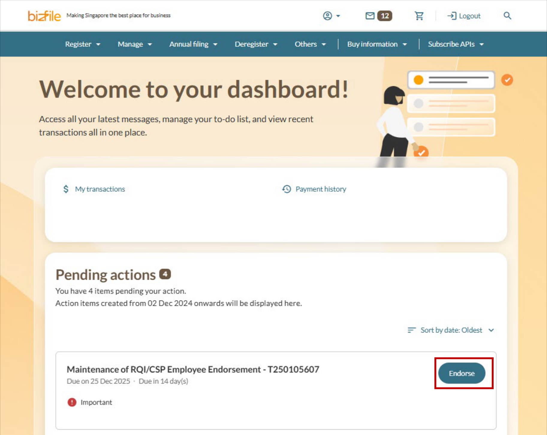 Bizfile dashboard showing Pending actions section with Endorse button for RQI appointment request