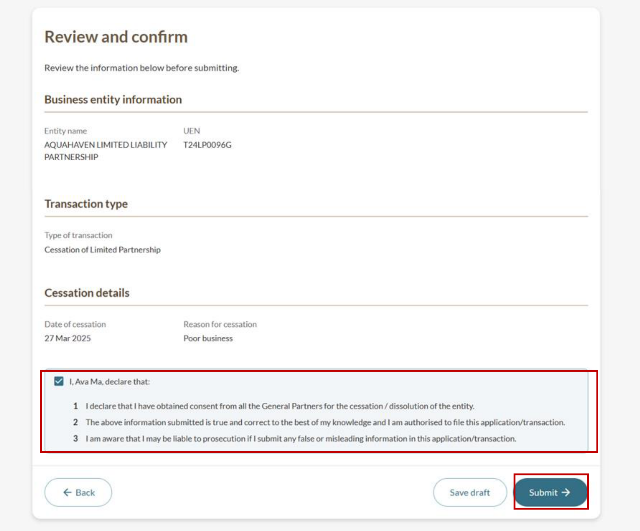 Review and confirm page showing cessation details and declaration checkbox with Submit button