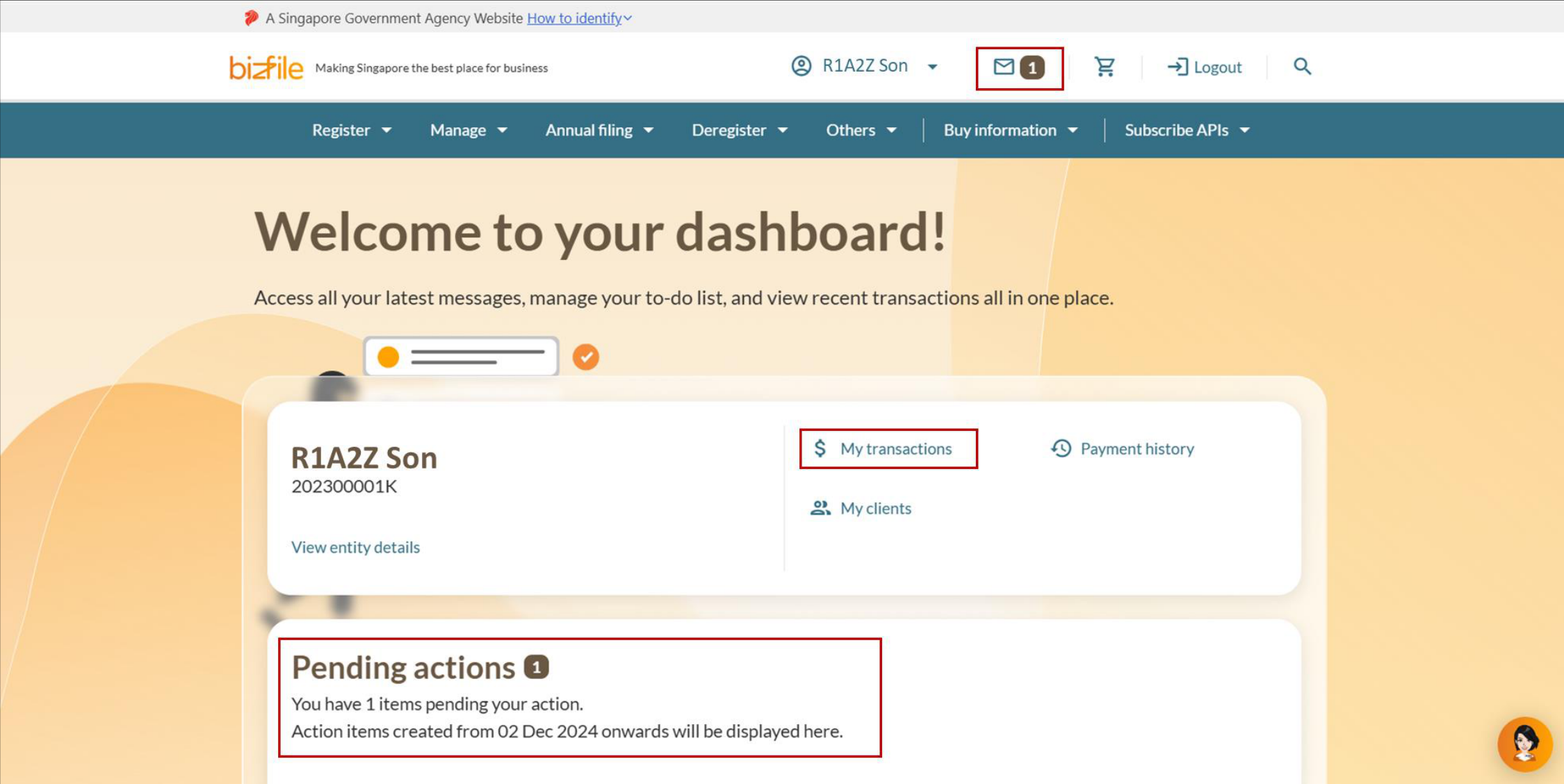 Bizfile dashboard showing the CSP firm in the top menu bar