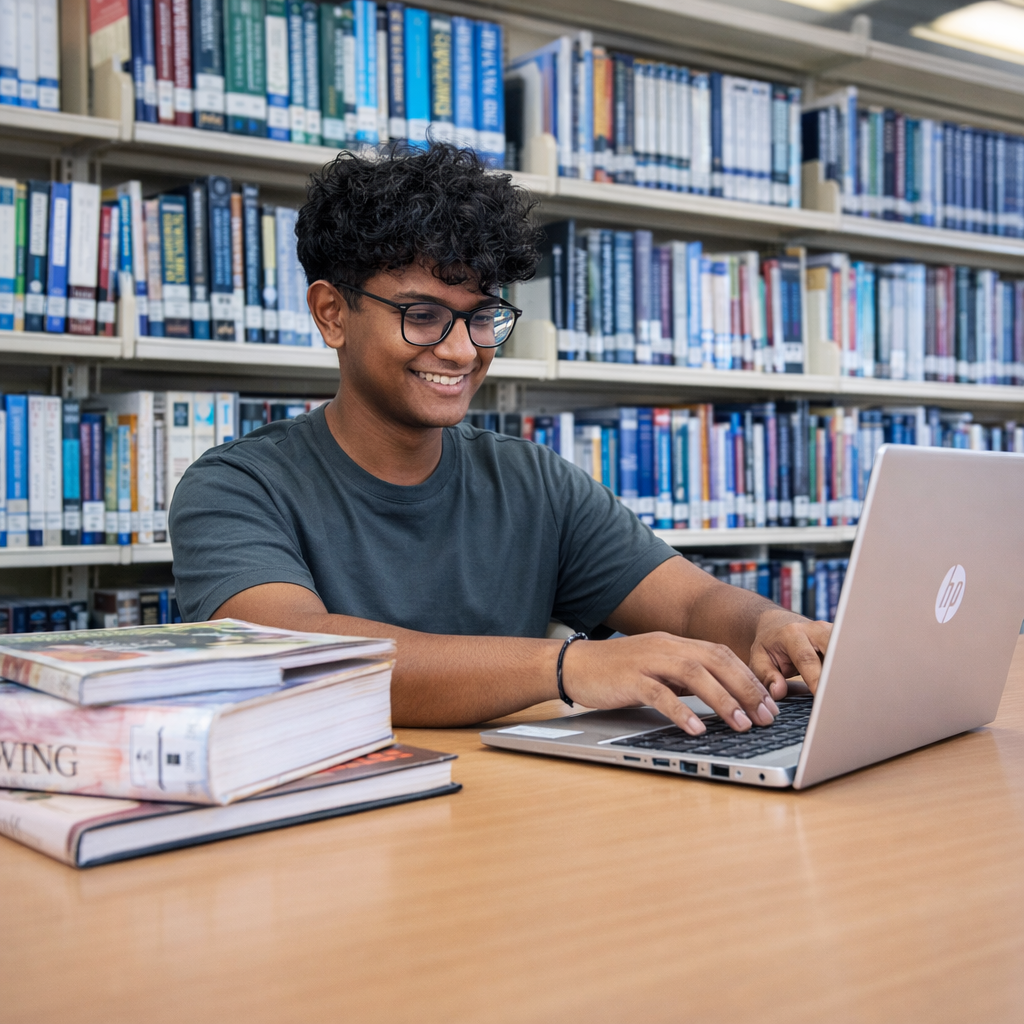 Young man searching resources with a computer laptop