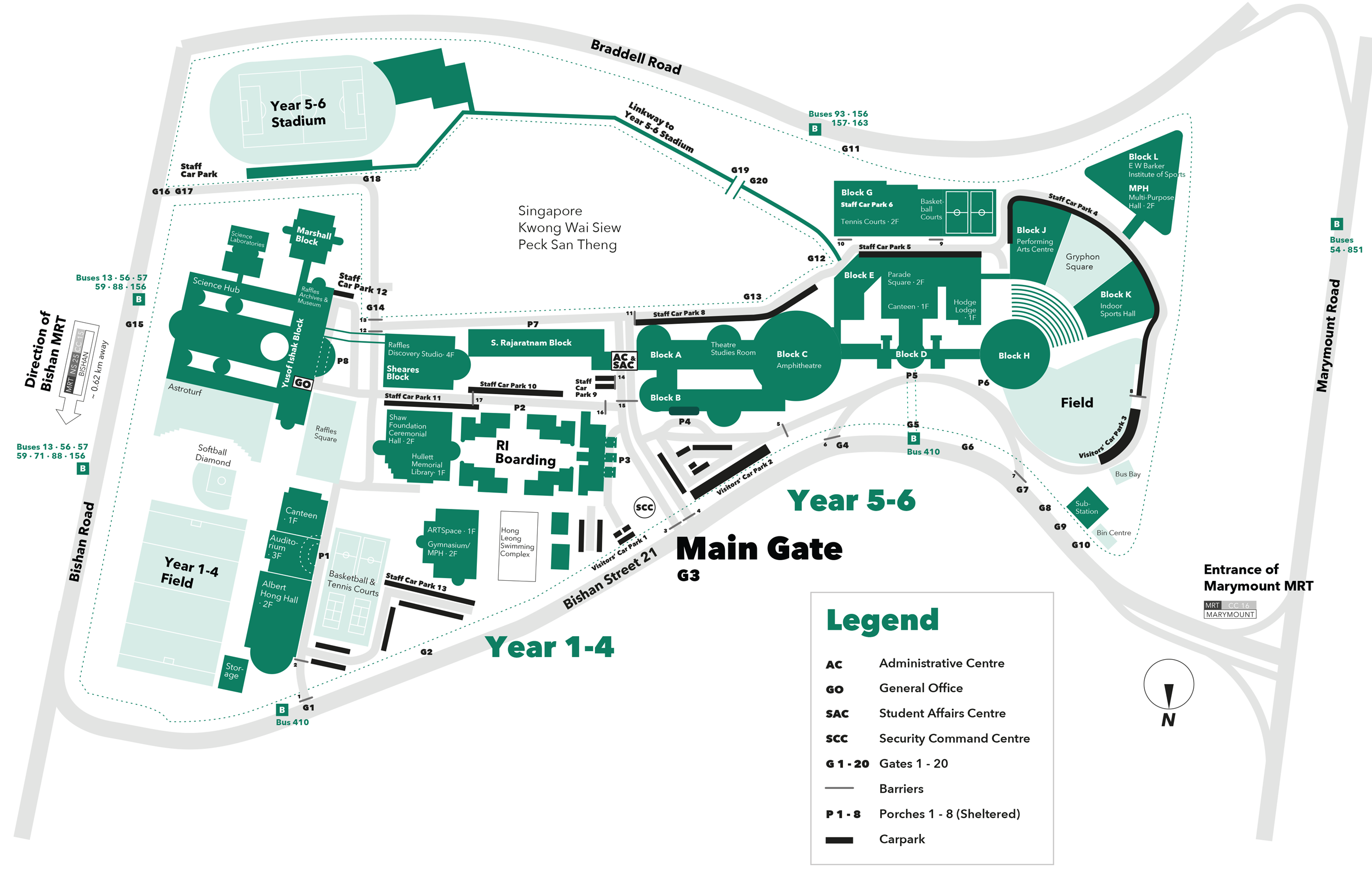 Campus map showing buildings, fields, car parks, gates, and bus stops along Bishan Road and Marymount Road.