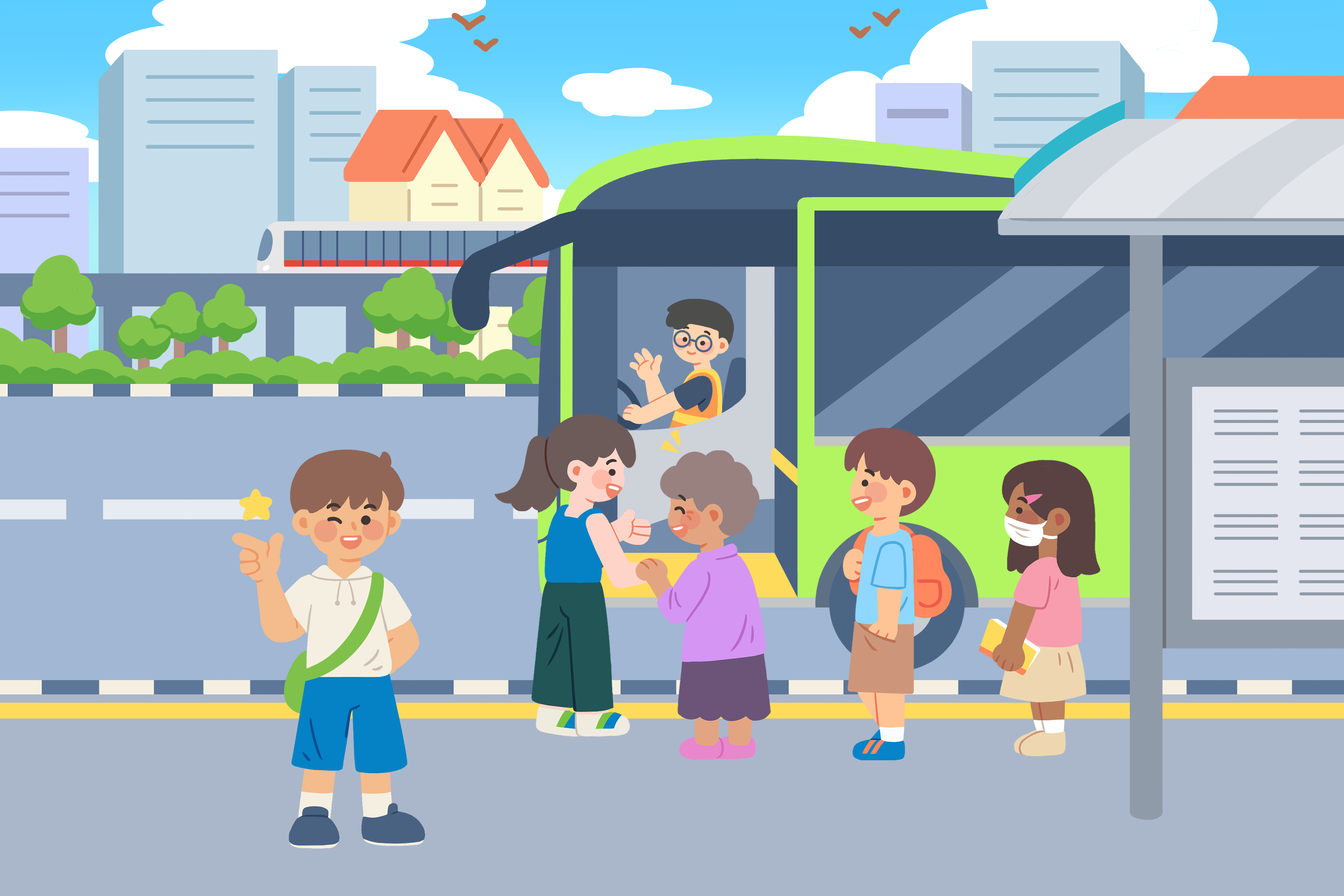 Animated cartoon of a young lady helping an old lady to board the bu