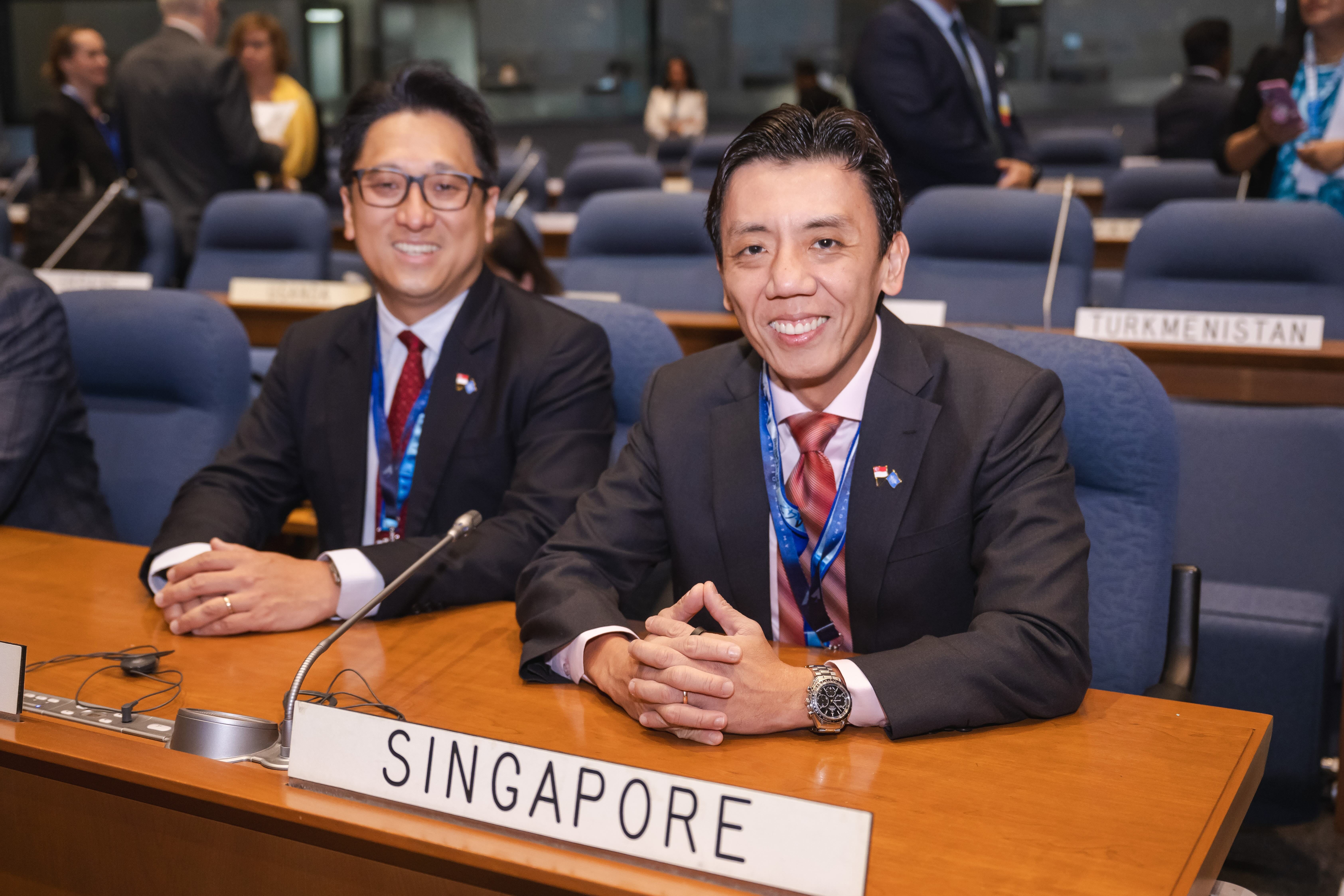 Acting Minister for Transport Mr Jeffrey Siow and Permanent Secretary of Transport Mr Lau Peet Meng, at the 42nd ICAO Assembly