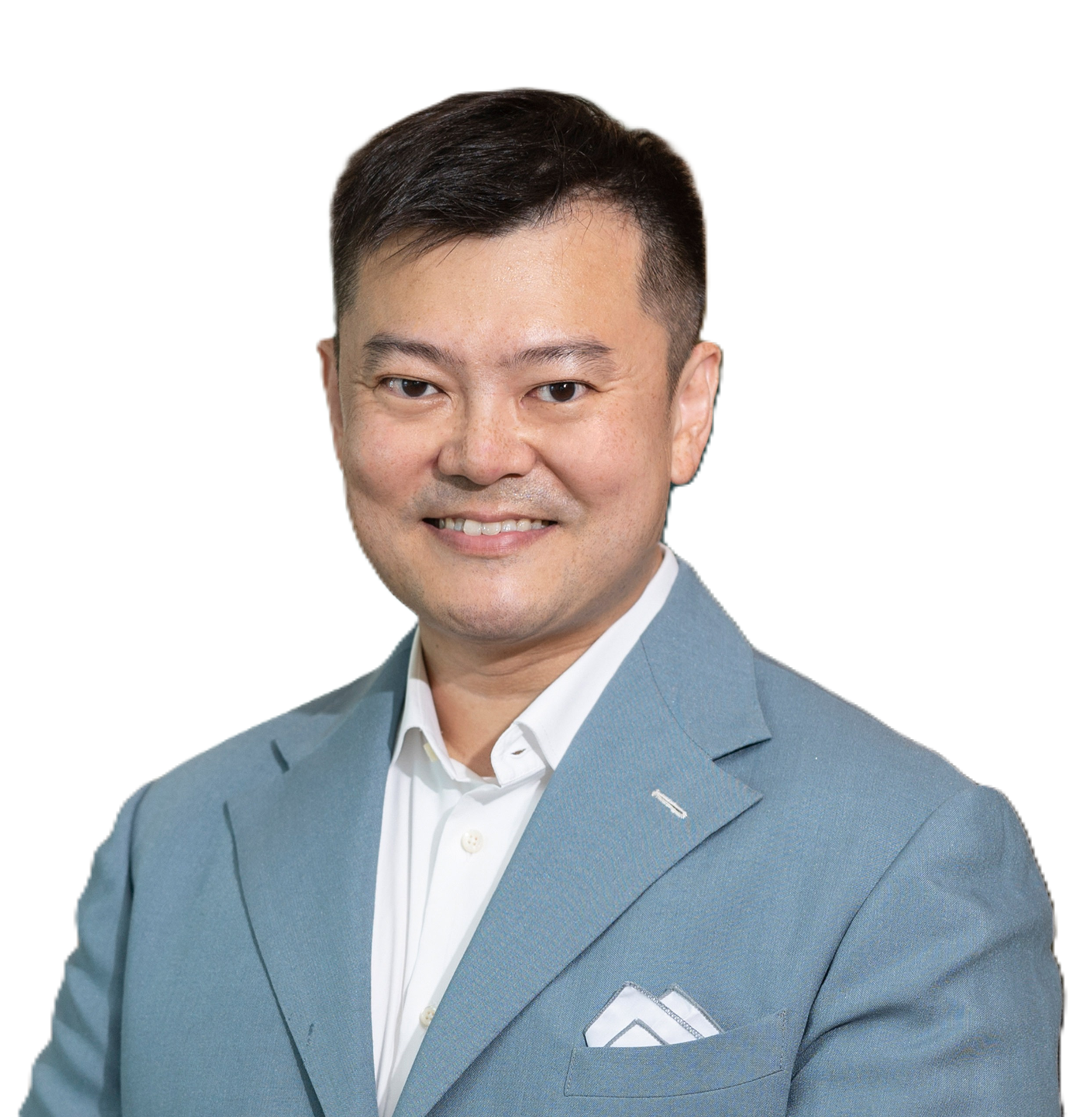 Person in grey suit, smiling