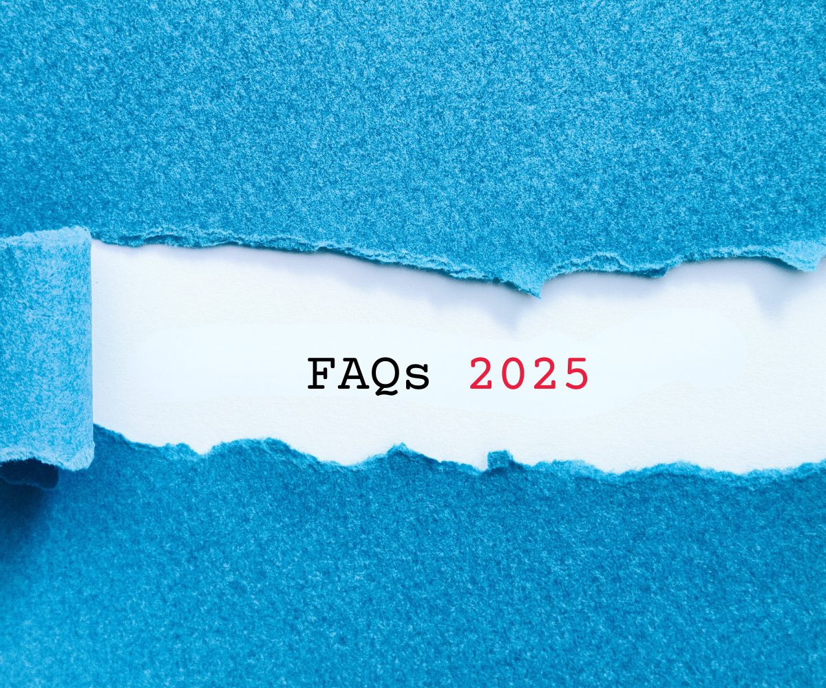 Blue paper torn open to reveal the words “Factsheet & FAQs 2025” on a white background.