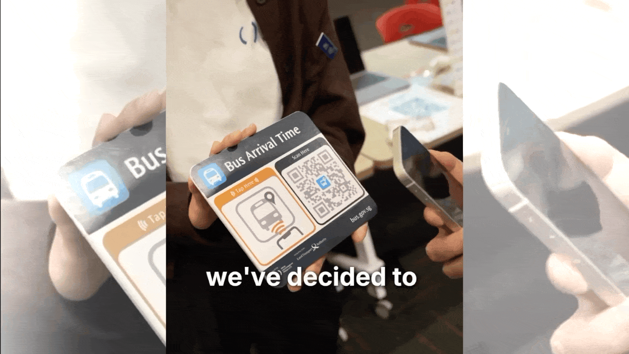 a looping demonstration of the bus.gov.sg prototype: a user scans the signboard with their phone to view bus arrival timings.