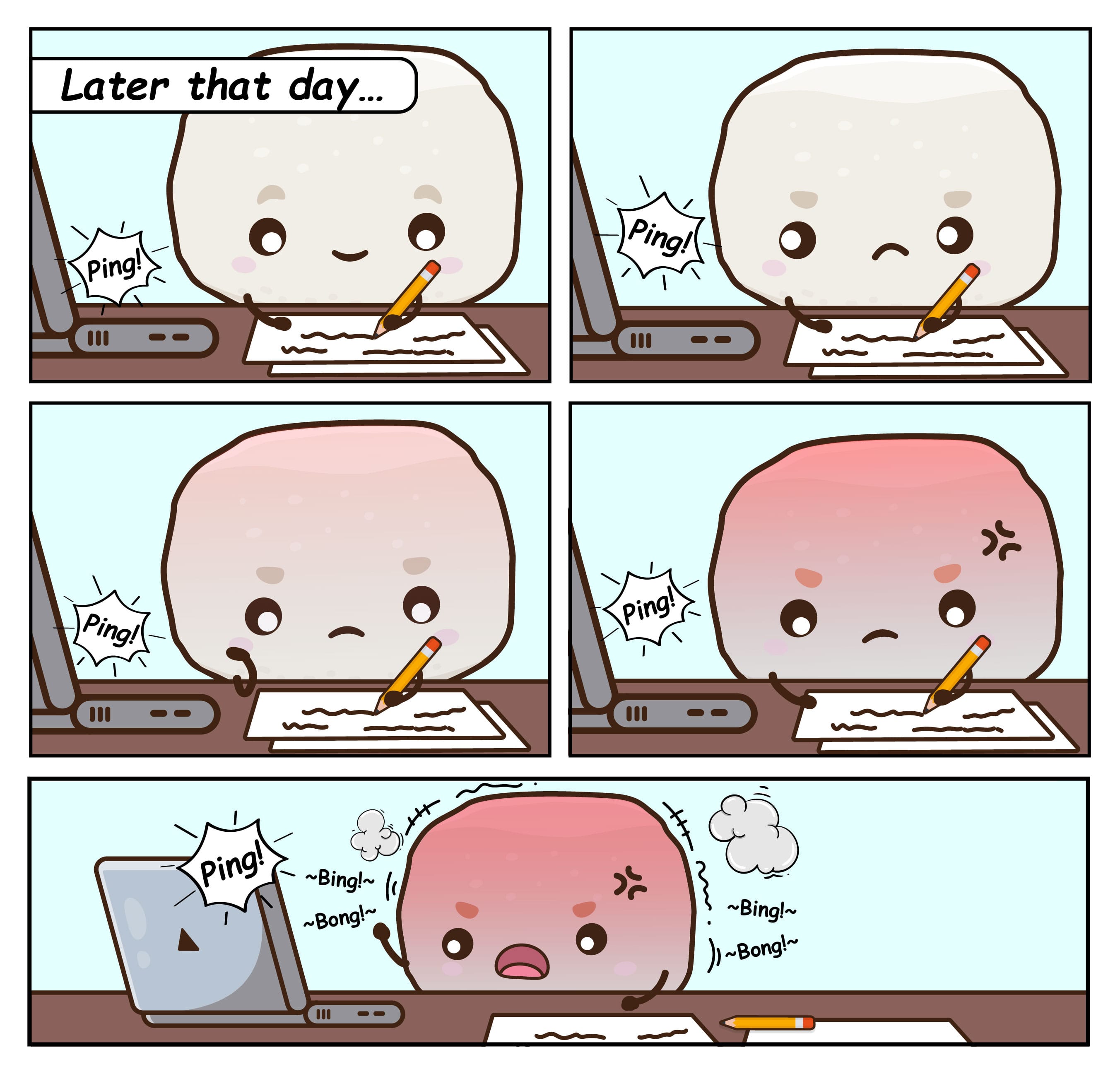 Five-panel cartoon: character writing as laptop pings; face reddens from calm to angry, then shouts at laptop.