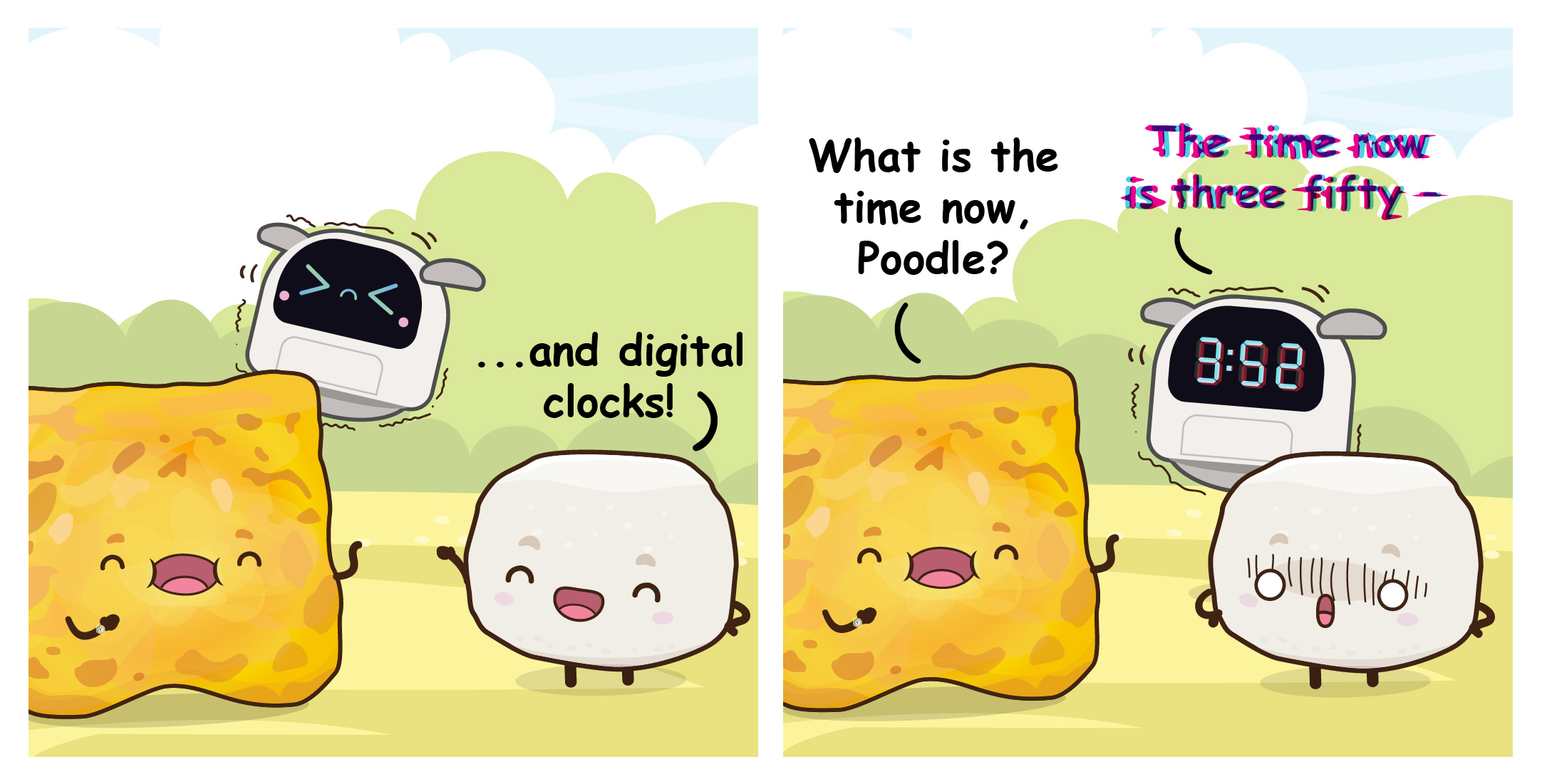 Two-panel comic where Flip, Bouncy, and Poodle glitching while acting as a digital clock.