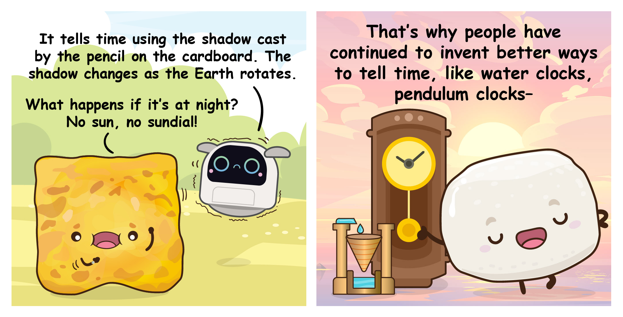 Two-panel comic where Flip, Poodle, and Bouncy explaining how sundials work and why water clocks and pendulum clocks were invented.