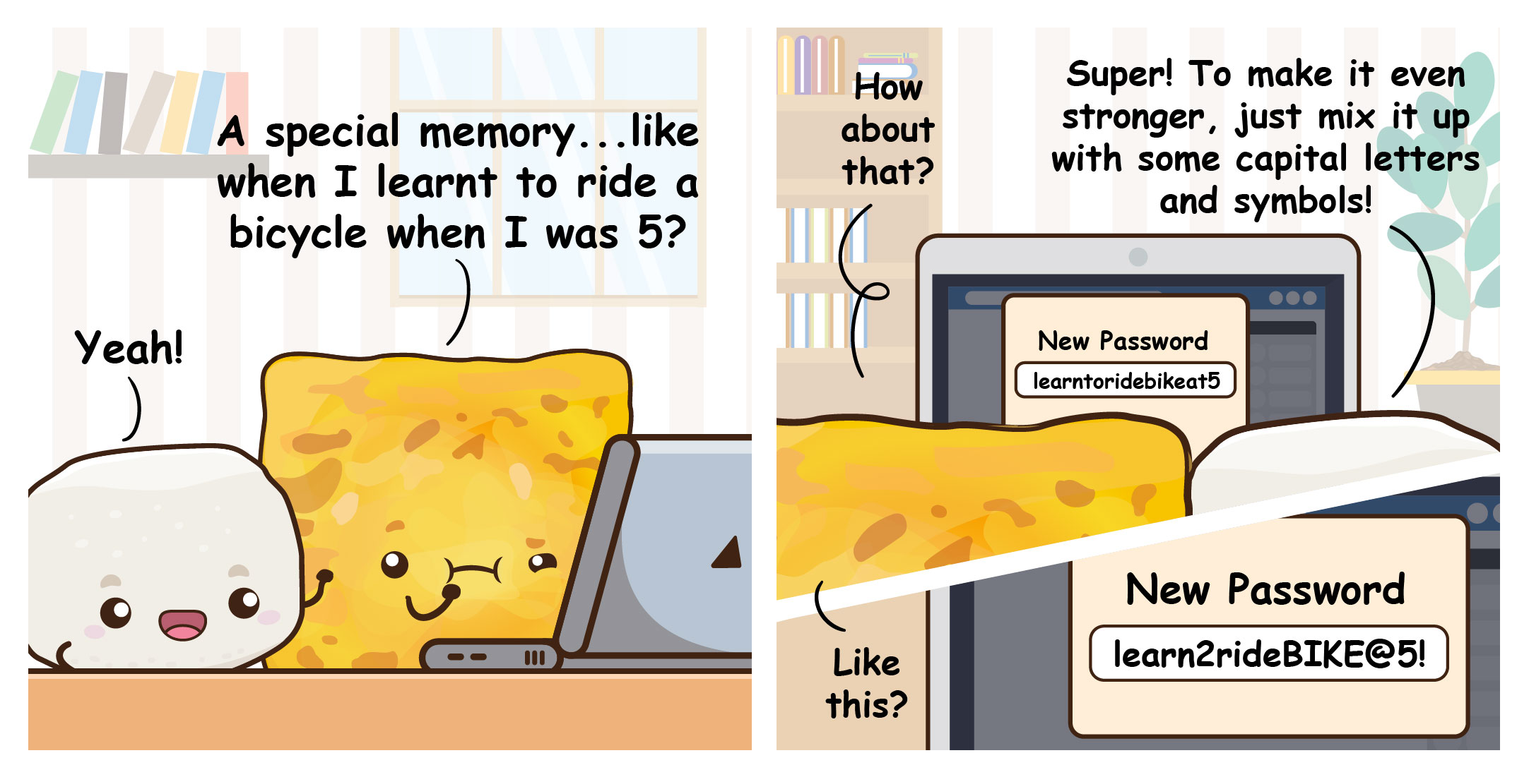 Cartoon shows using a childhood bike memory to create a stronger password with capitals and symbols.