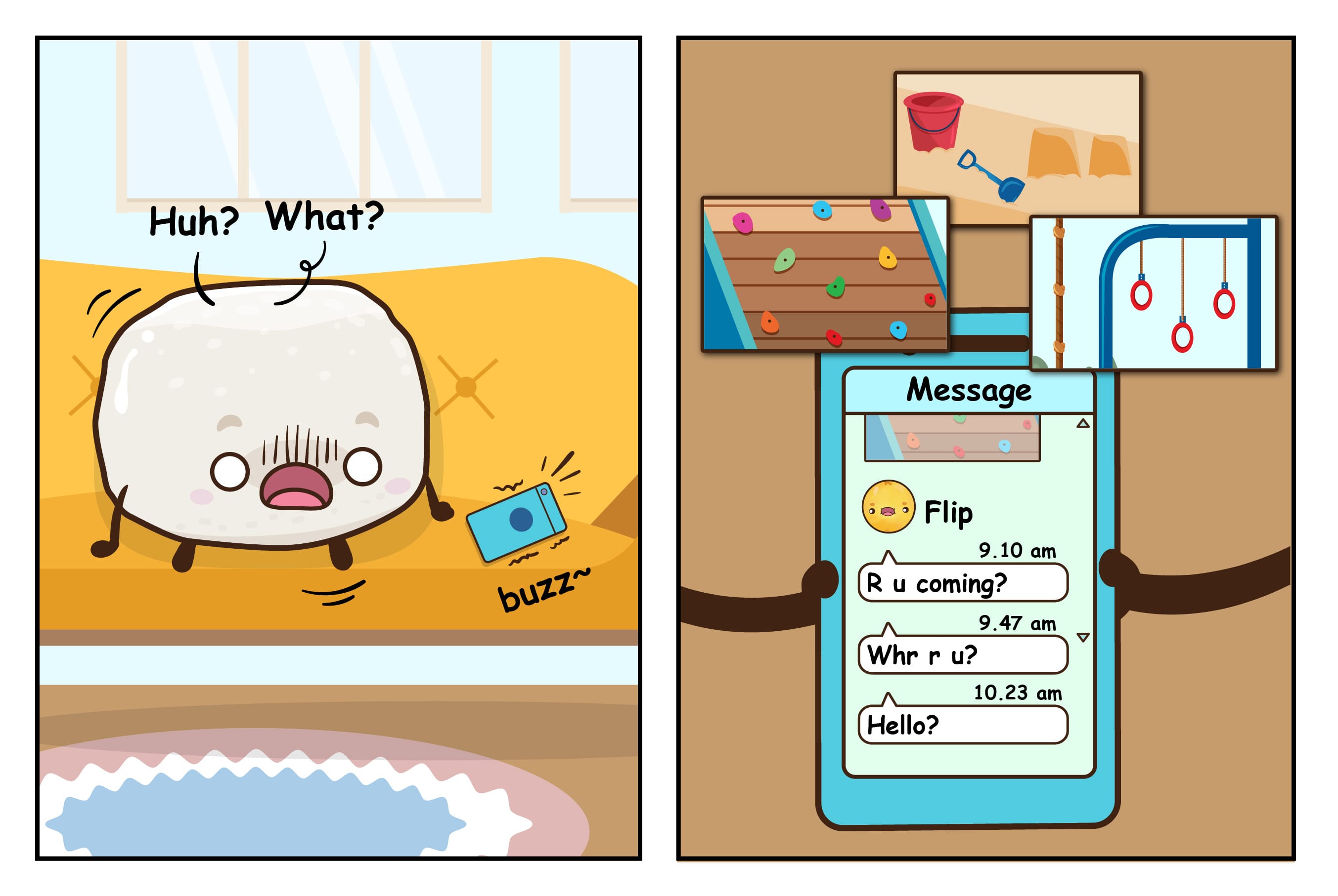 Cartoon marshmallow on couch startled by buzzing phone; other panel shows texts: R u coming? Whr r u? Hello?