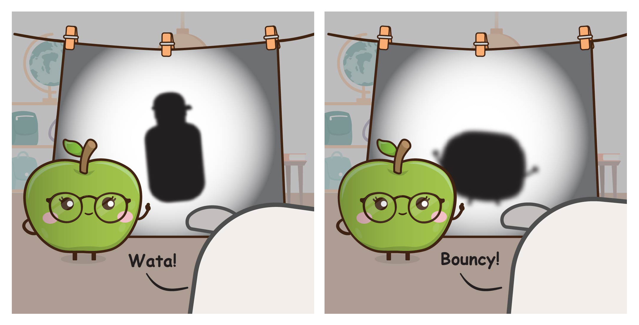 Cartoon apple with glasses points at a hanging sheet showing bottle shadow, then a bouncing blob shadow.