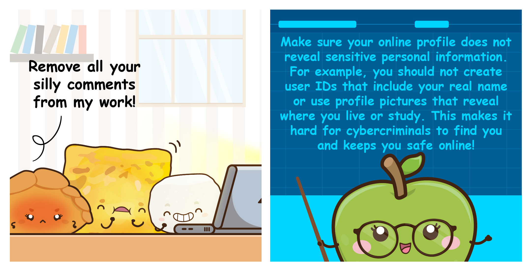 Cartoon foods at a computer with text about removing silly comments; apple teacher advises privacy online.