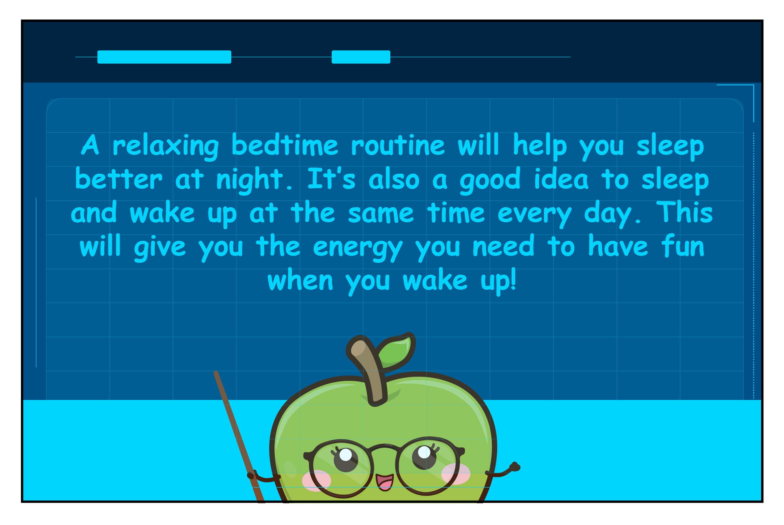 Cartoon green apple teacher points at text about bedtime routines and sleeping and waking at the same time daily.