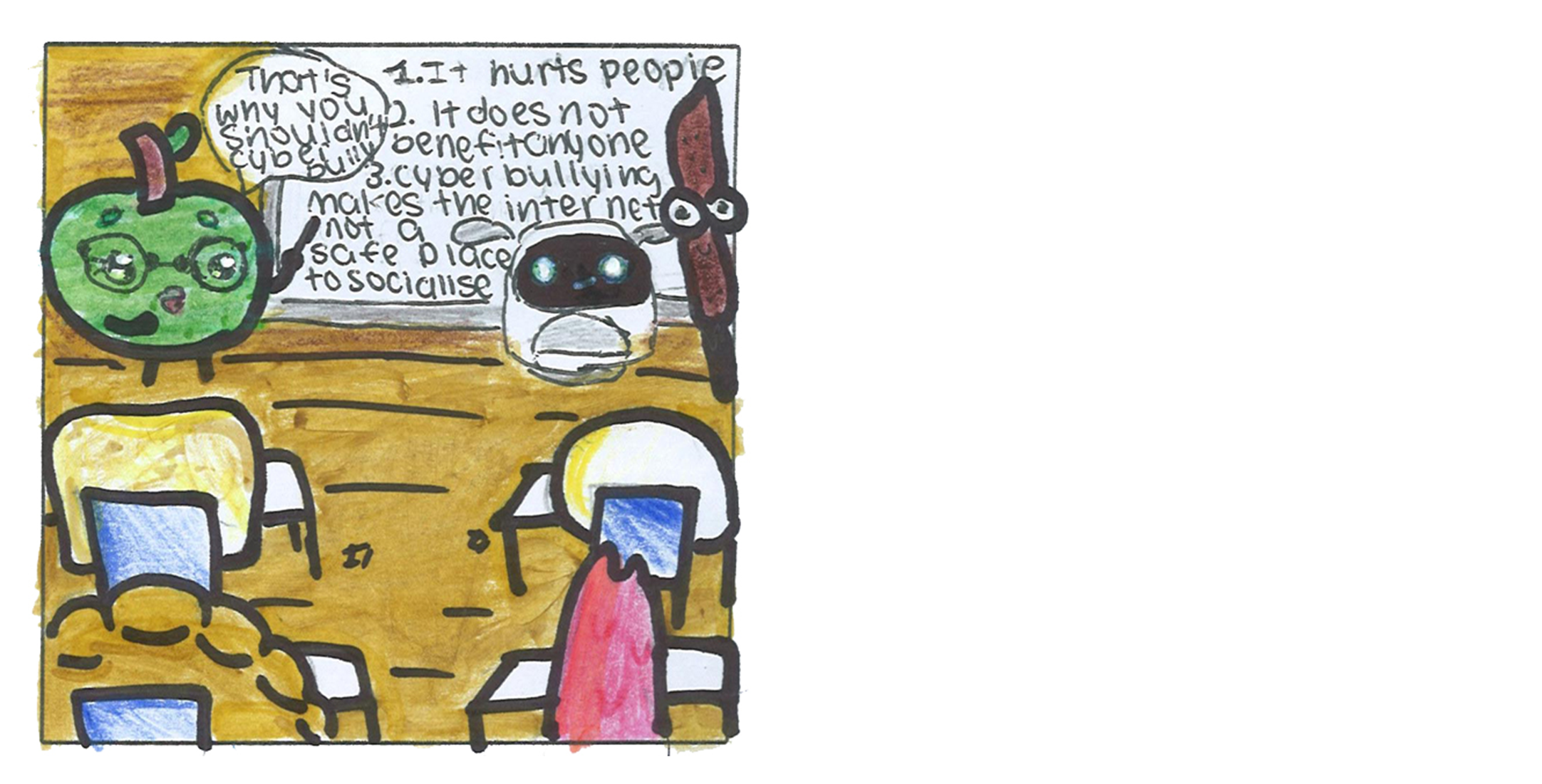 Cartoon classroom: teacher explains why cyberbullying is harmful, with students at desks and a sad face on the board.