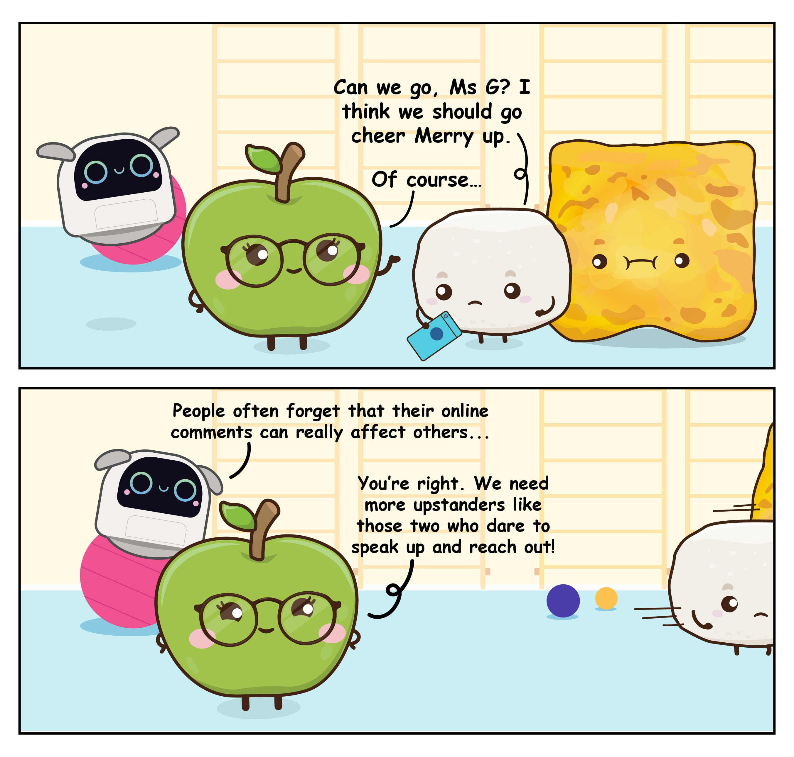 Two-panel comic of cute characters (robot, apple, marshmallow, cracker) talking about cheering up a friend.
