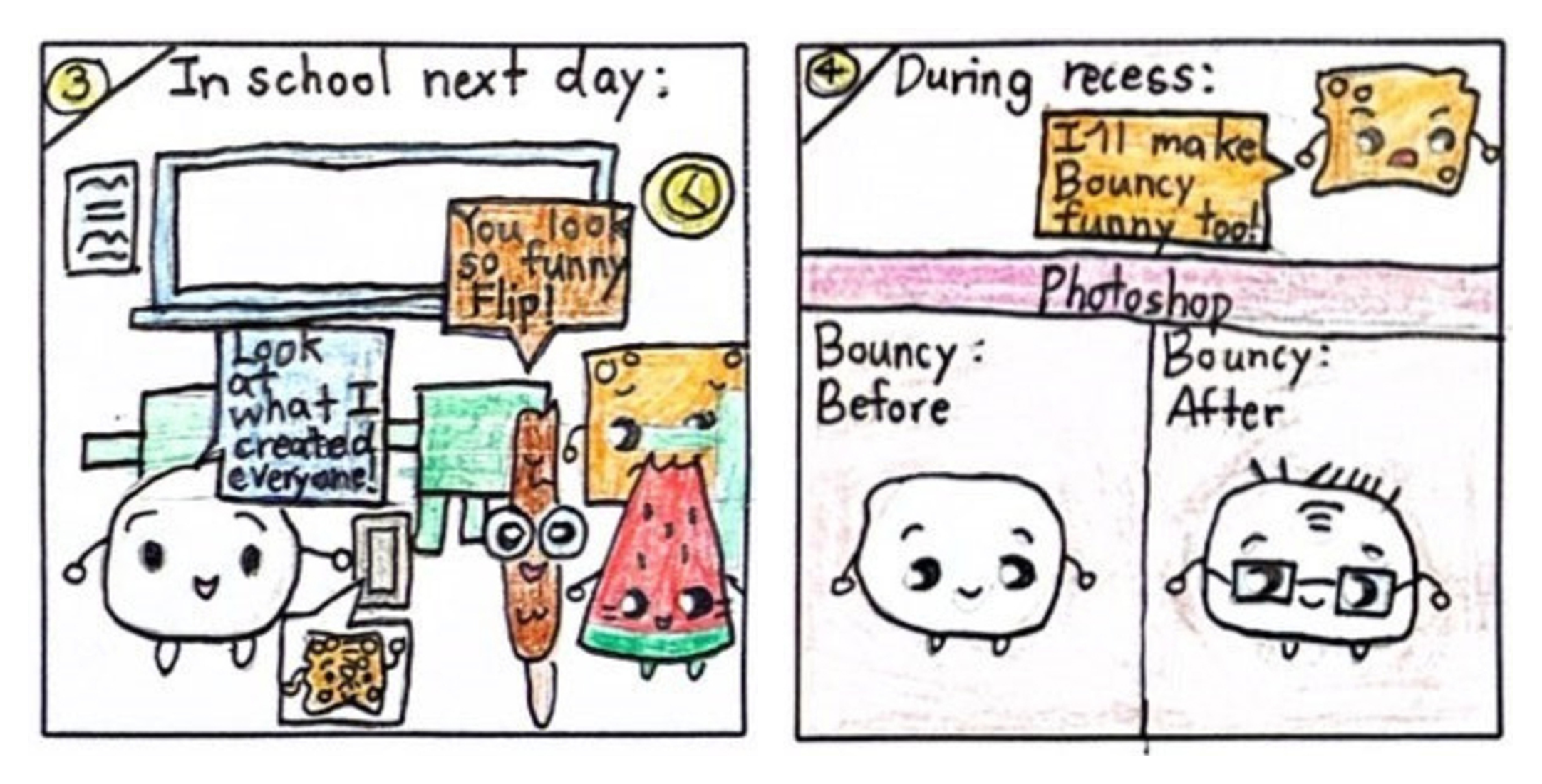 Two-panel cartoon: in class food characters laugh; in recess, “Photoshop” shows Bouncy before and after glasses.