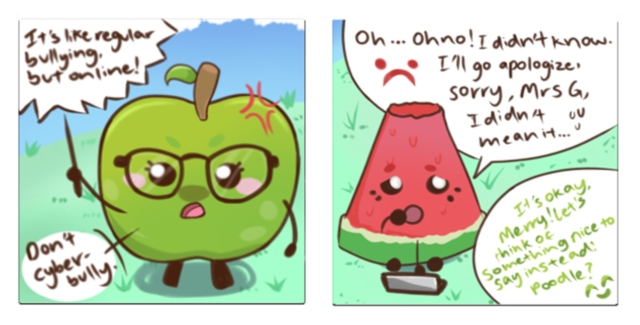 Two-panel cartoon: angry apple warns “Don’t cyberbully”; sad watermelon apologizes on a phone.