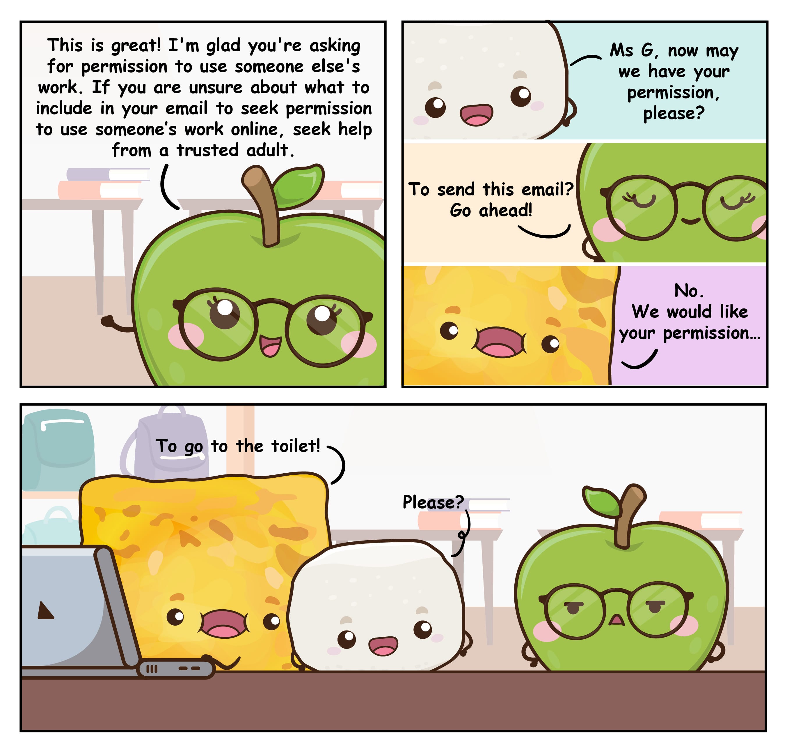 Cartoon shows asking permission; apple teacher misreads, student clarifies permission to go to the toilet.