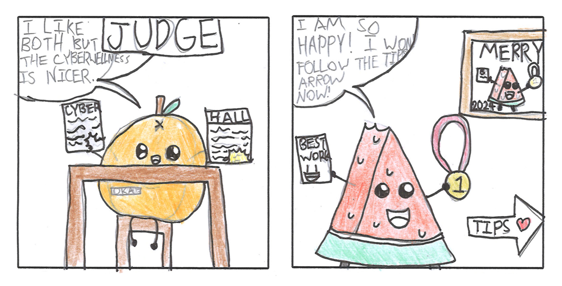 Two-panel comic: orange at desk says "I judge"; happy watermelon holds medal by arrow labeled "TIPS".