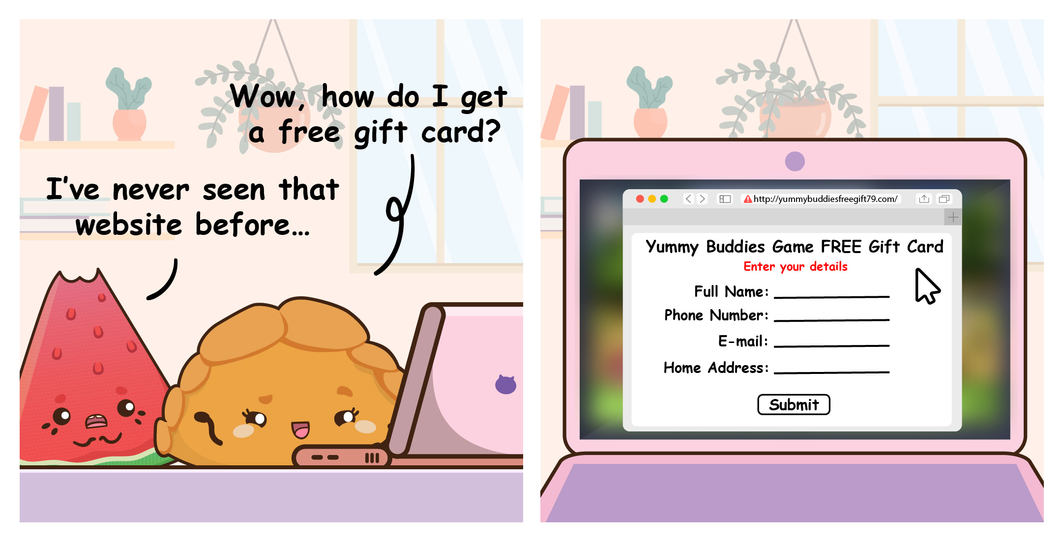 Cartoon fruit and pastry at a laptop; screen shows “FREE Gift Card” form asking name, phone, email, address.