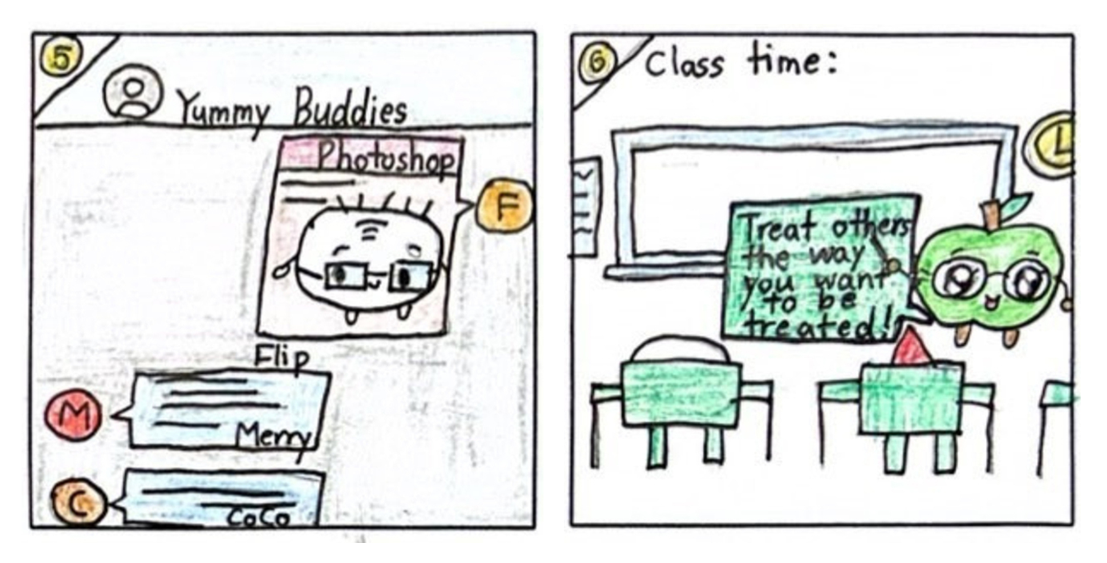 Two-panel cartoon: phone app shows Yummy Buddies with an F grade; classroom has apple teacher saying be kind.