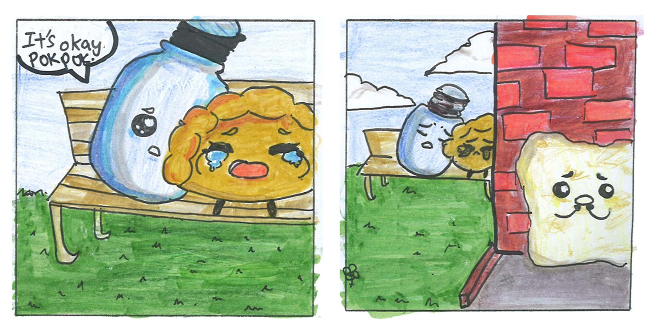 Two-panel cartoon: jar hugs crying cookie on bench; behind a brick wall, a smiling marshmallow watches.