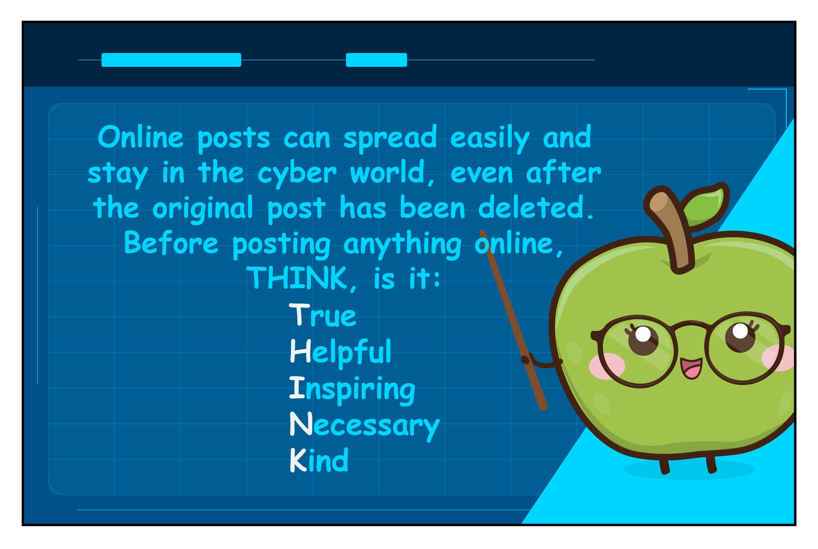 Blue poster warns posts spread online; acronym THINK listed; cartoon green apple with glasses points at text.