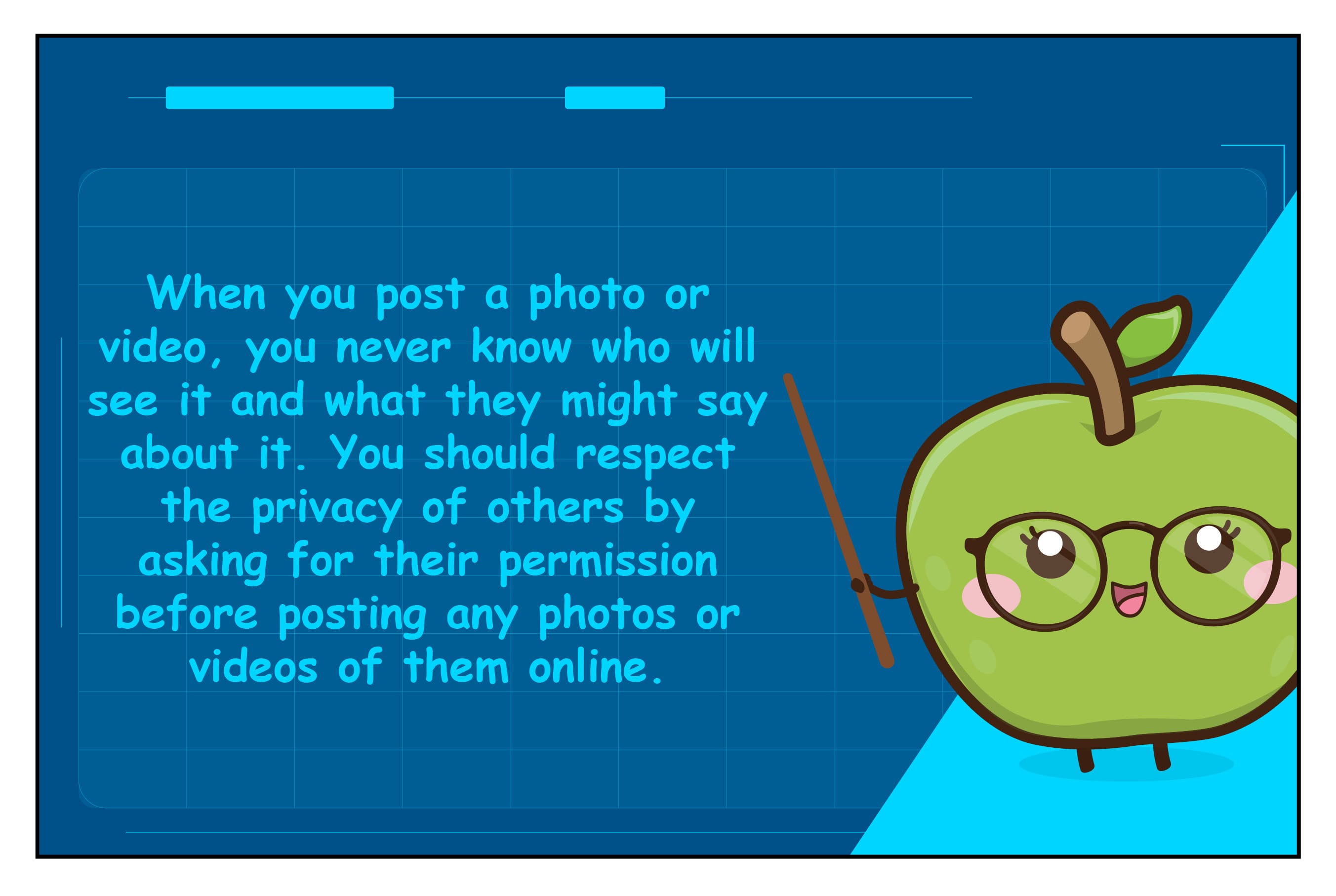 Cartoon green apple with glasses points to text about asking permission before posting others’ photos or videos online.